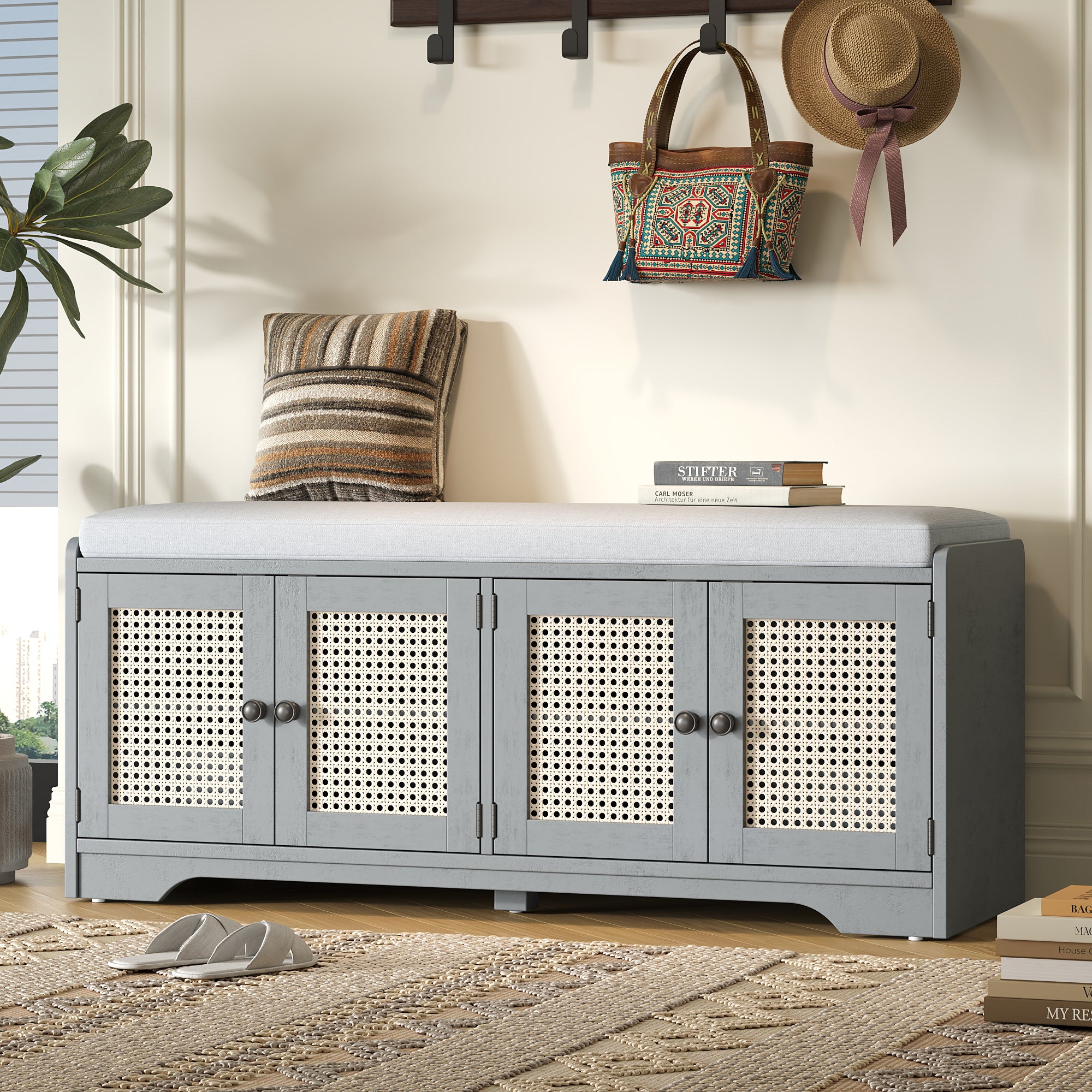 Storage Bench with Rattan Doors