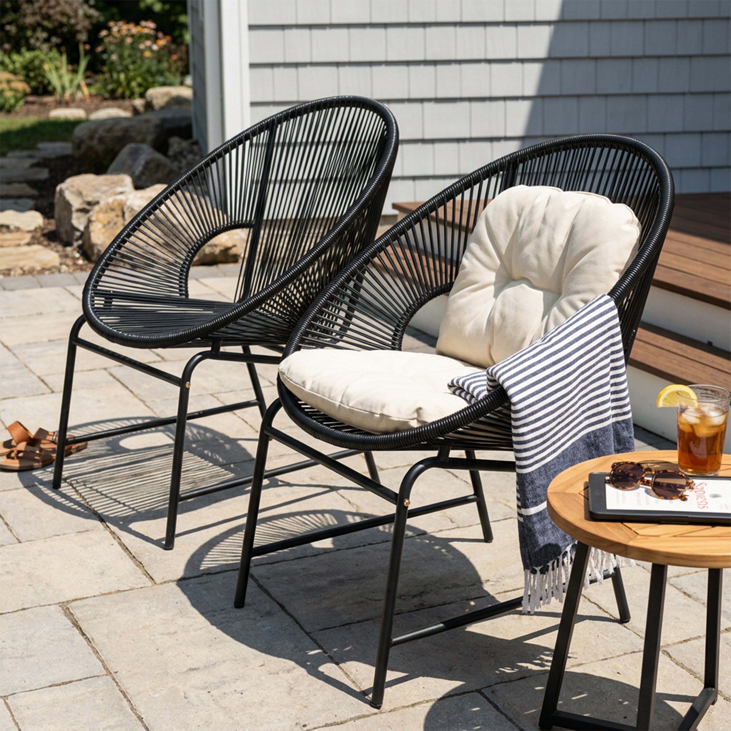NUSA OUTDOOR PATIO WICKER CHAIR, TEAL PE RATTAN & IRON FRAME, SET OF 2