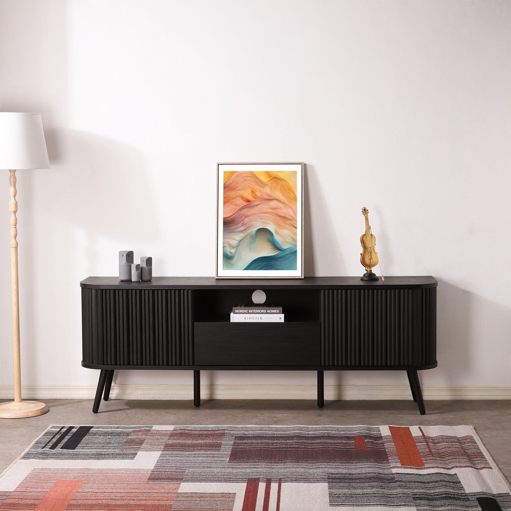Damien Farmhouse Curved TV Stand with Drawer and Storage Doors Fits TVs up to 75 in. with Cable Management - TV Stands