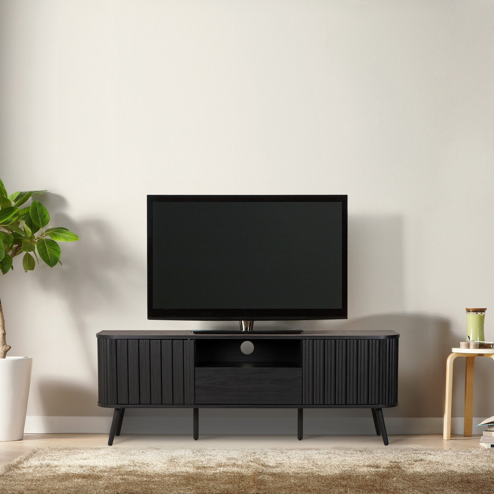 Damien Farmhouse Curved TV Stand with Drawer and Storage Doors Fits TVs up to 75 in. with Cable Management - TV Stands