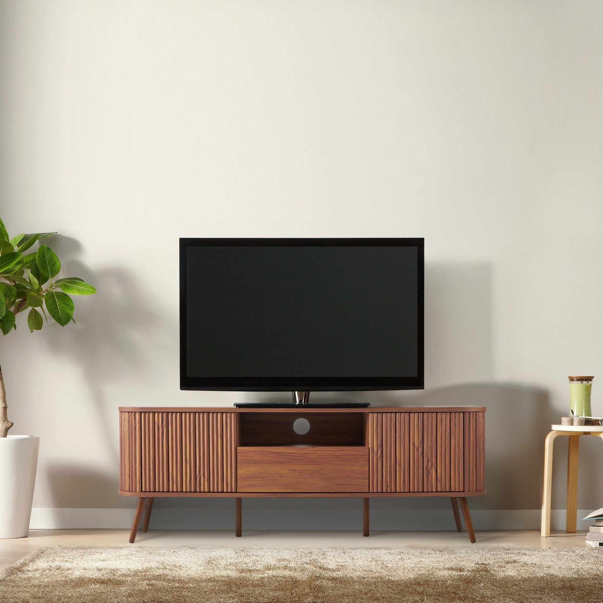 Damien Farmhouse Curved TV Stand with Drawer and Storage Doors Fits TVs up to 75 in. with Cable Management - TV Stands