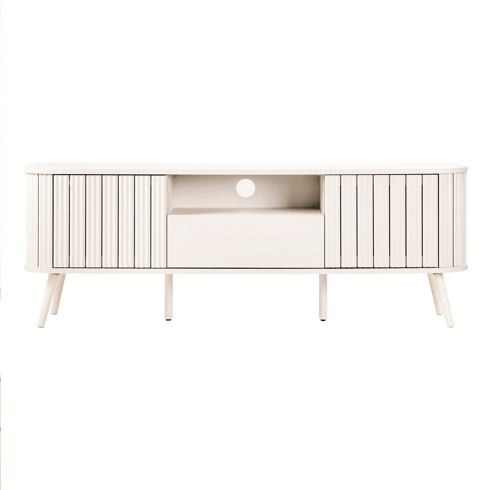 Damien Farmhouse Curved TV Stand with Drawer and Storage Doors