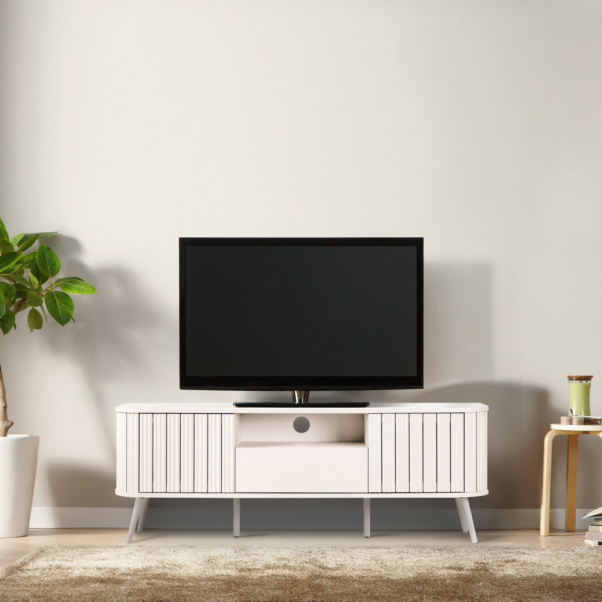 Damien Farmhouse Curved TV Stand with Drawer and Storage Doors Fits TVs up to 75 in. with Cable Management - TV Stands