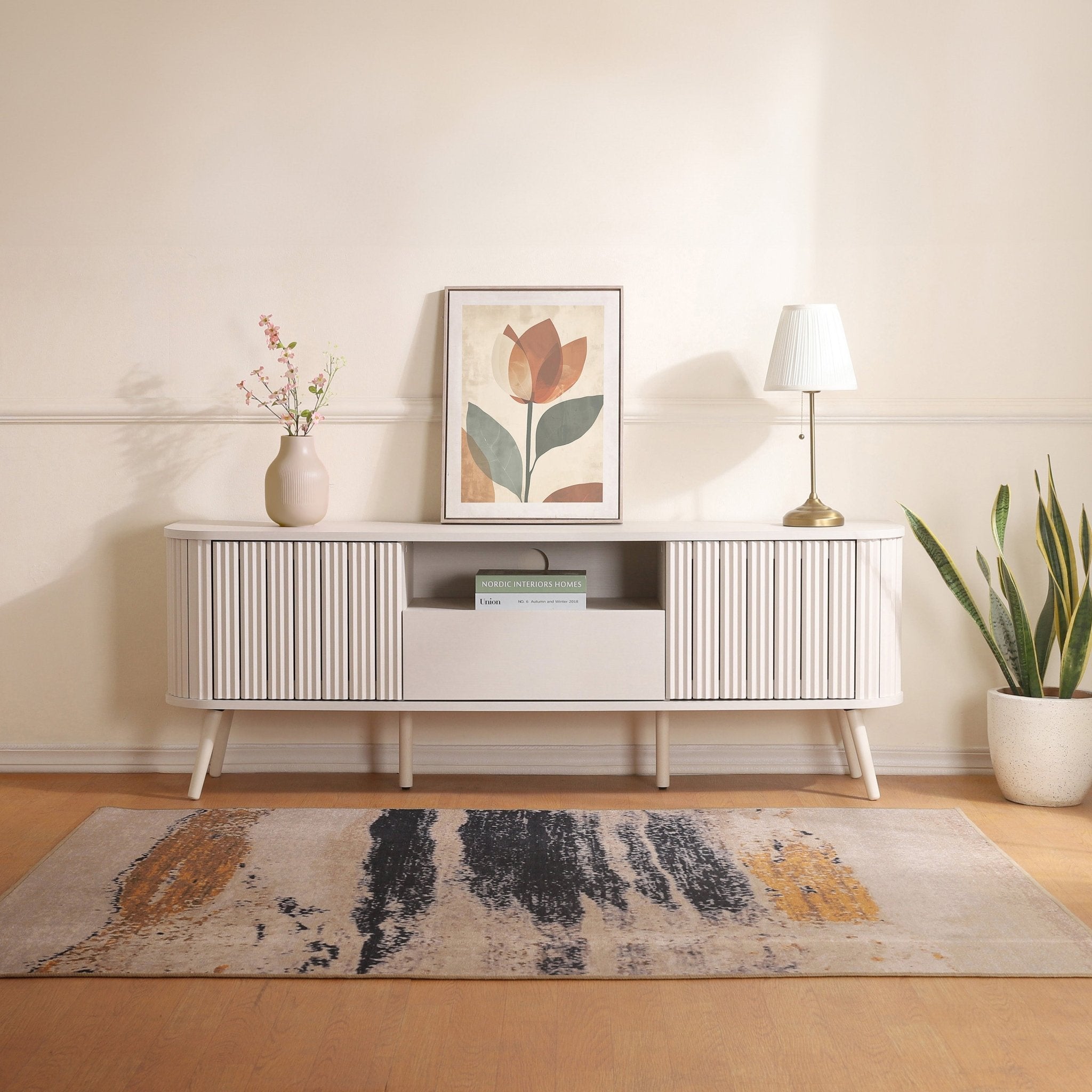 Damien Farmhouse Curved TV Stand with Drawer and Storage Doors Fits TVs up to 75 in. with Cable Management - TV Stands