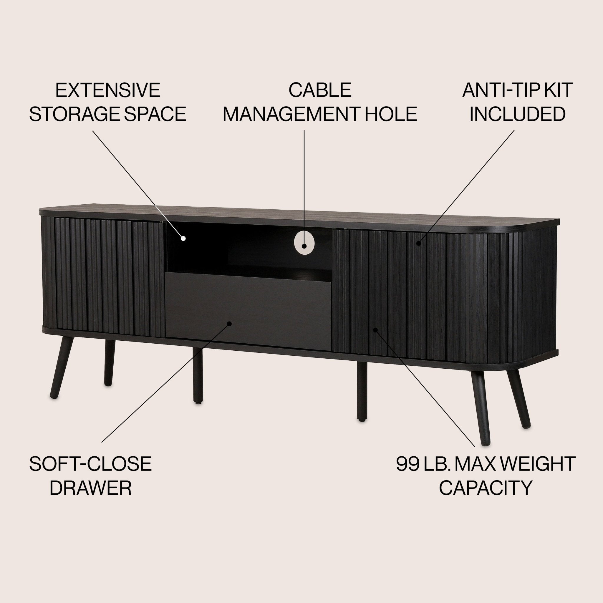 Damien Farmhouse Curved TV Stand with Drawer and Storage Doors Fits TVs up to 75 in. with Cable Management - TV Stands