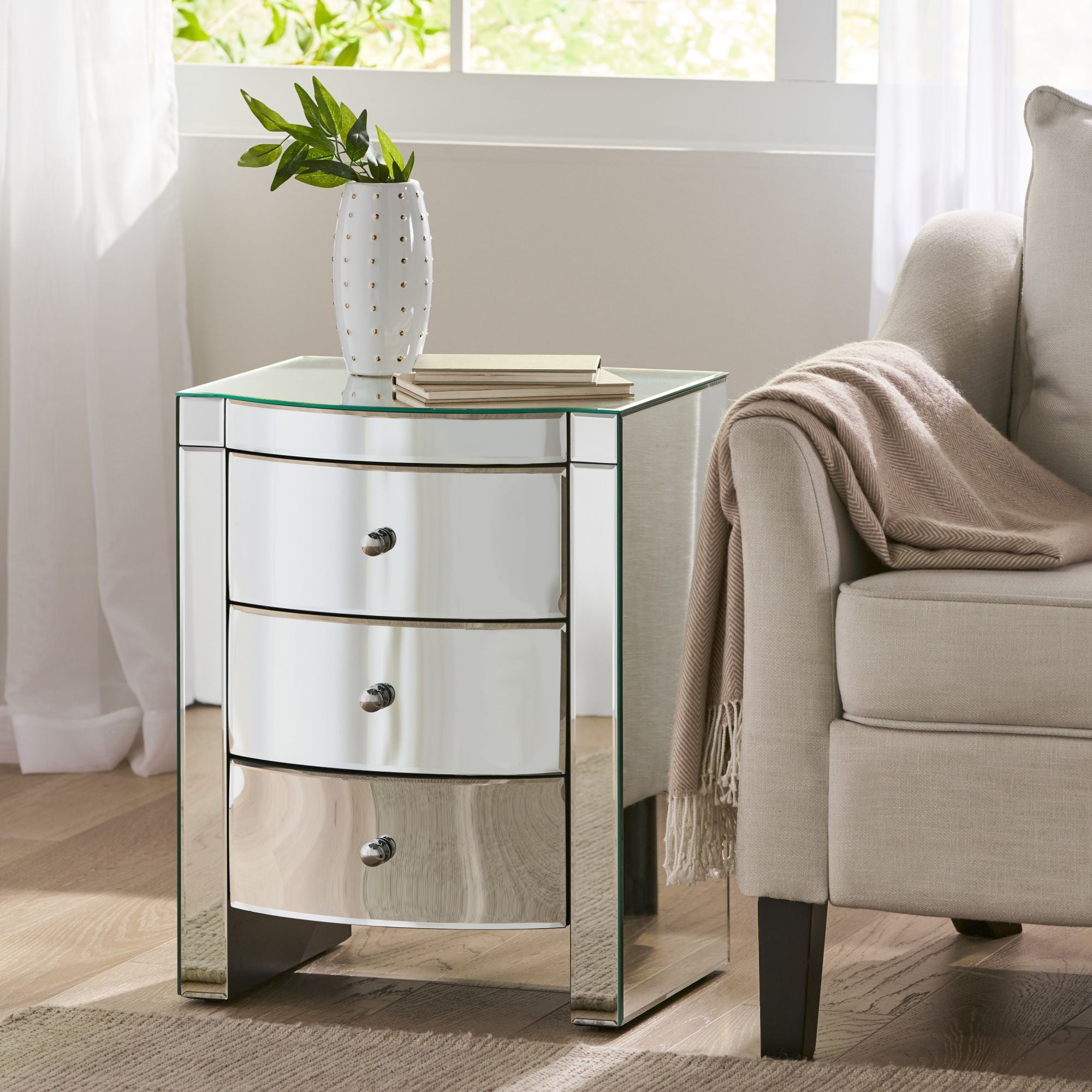 3-Drawer Side Table with H-Shape Base and Metal Handle