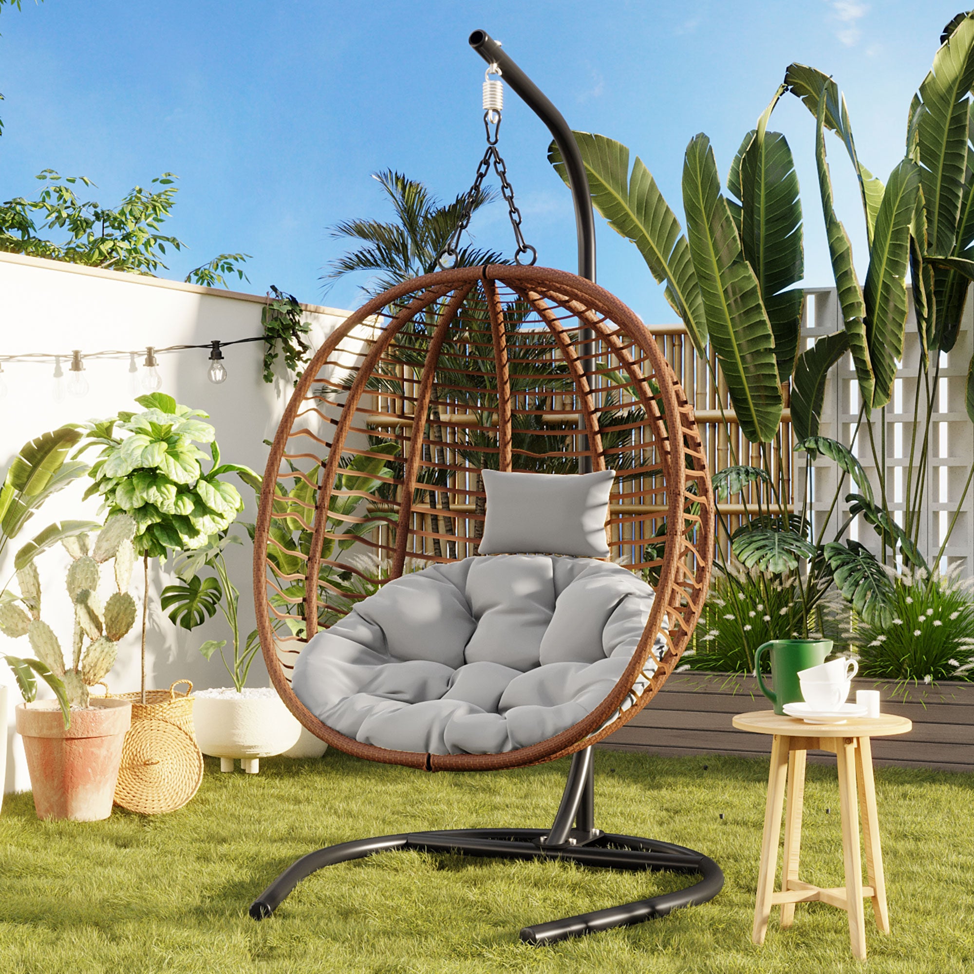 Folding Hanging Swinging Egg Chair with Stand & Tufted Cushion
