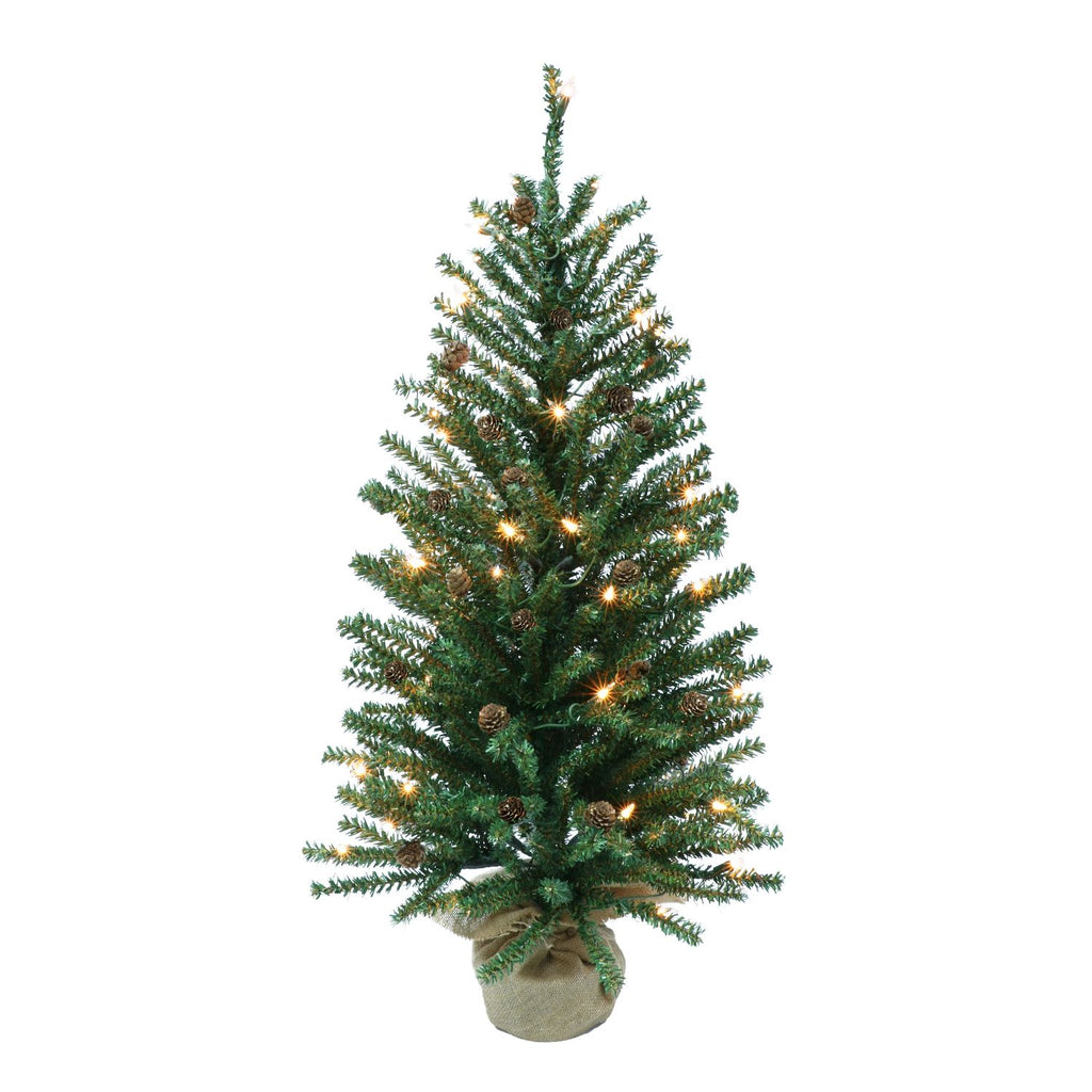 Pre-lit 3 ft Artificial Christmas Tree with Pinecones, Clear Lights & Burlap Sack