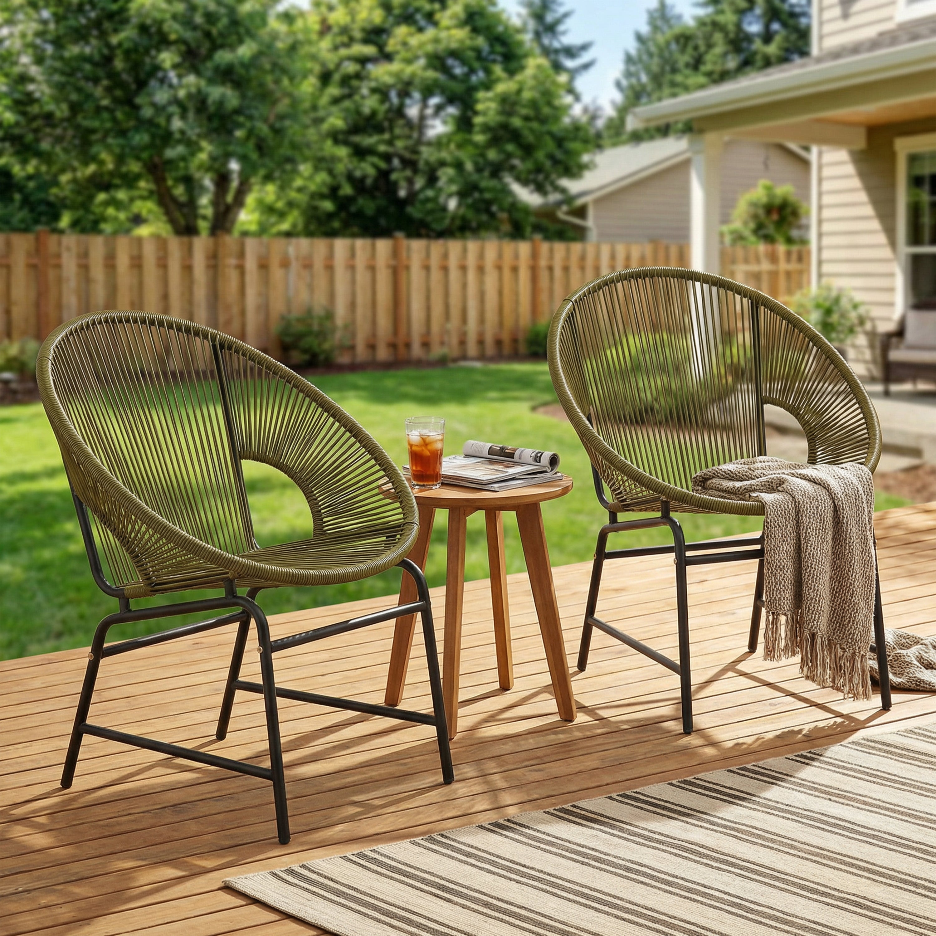 NUSA OUTDOOR PATIO WICKER CHAIR, TEAL PE RATTAN & IRON FRAME, SET OF 2