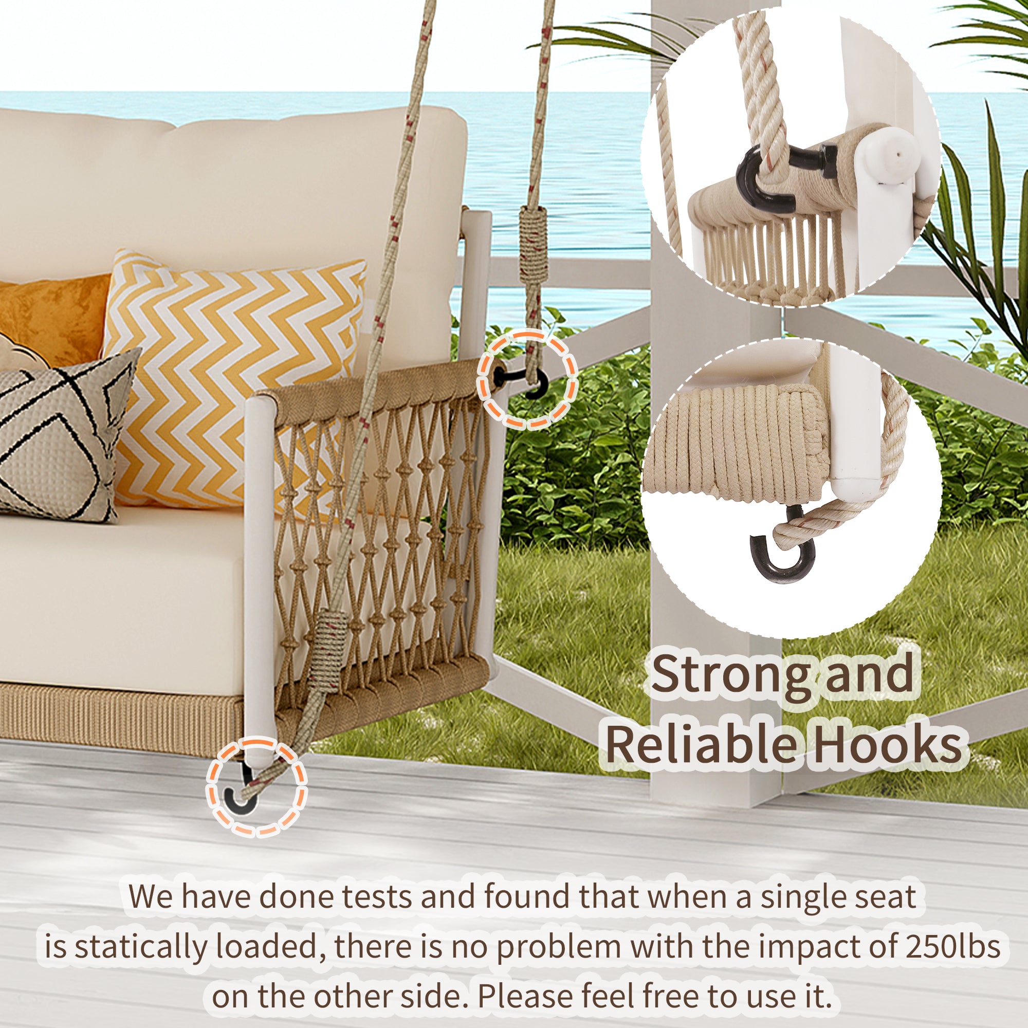 Outdoor Woven Rope Swing Sofa with Iron Frame and Soft Cushions