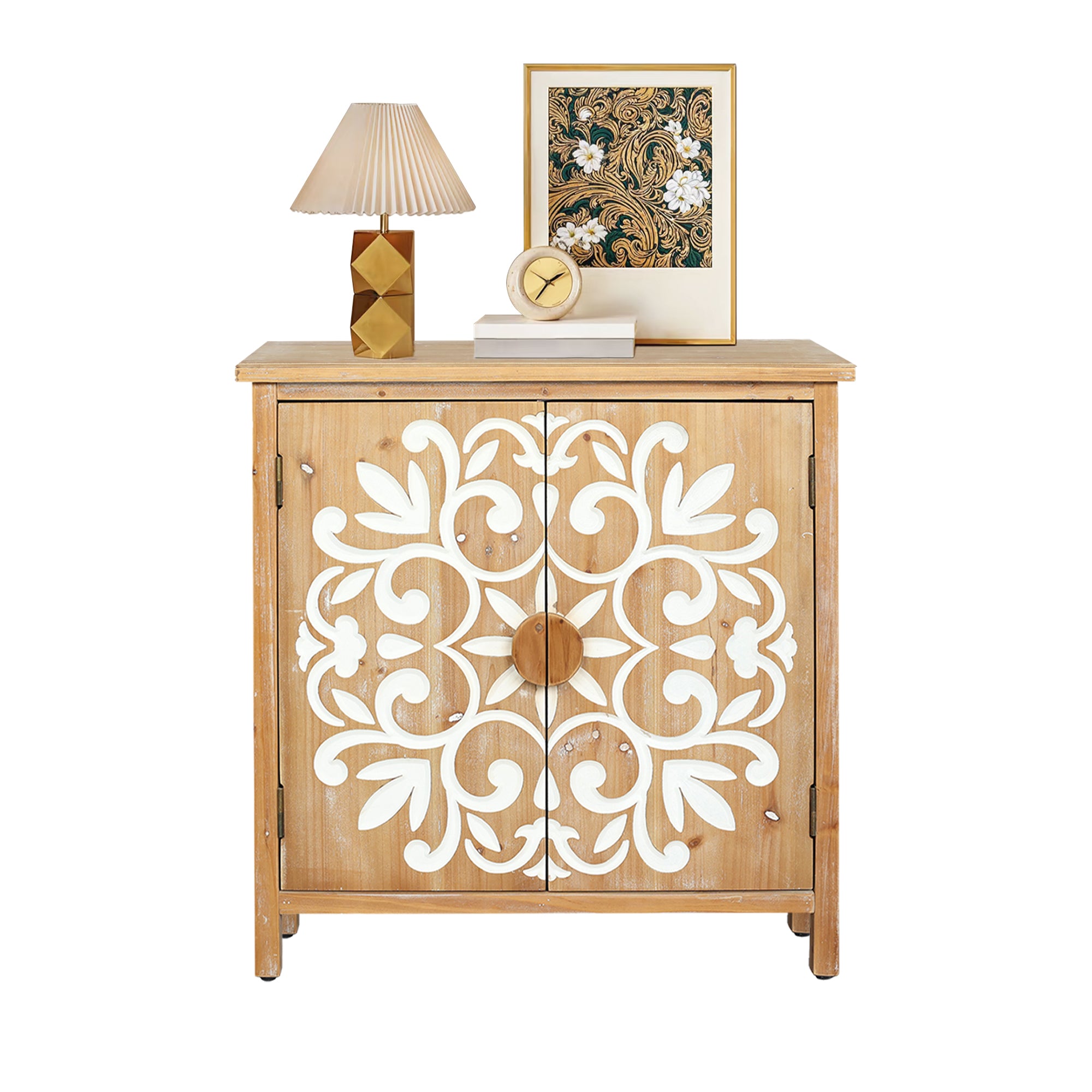 Maharaja Wooden Accent Cabinet with Floral Carved Doors