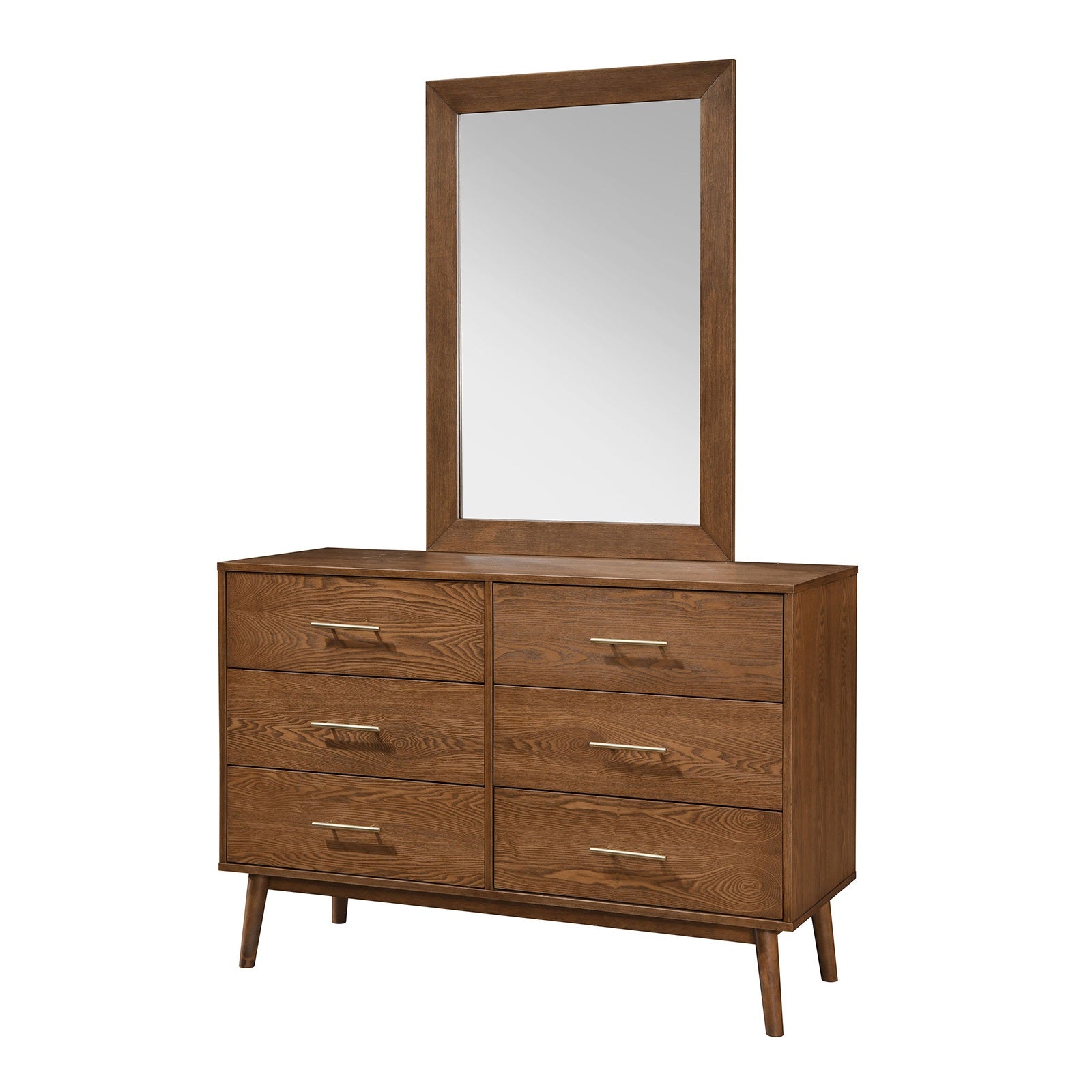 Walnut Dresser with Nickle Bar Pullsand Round Tapered Legs