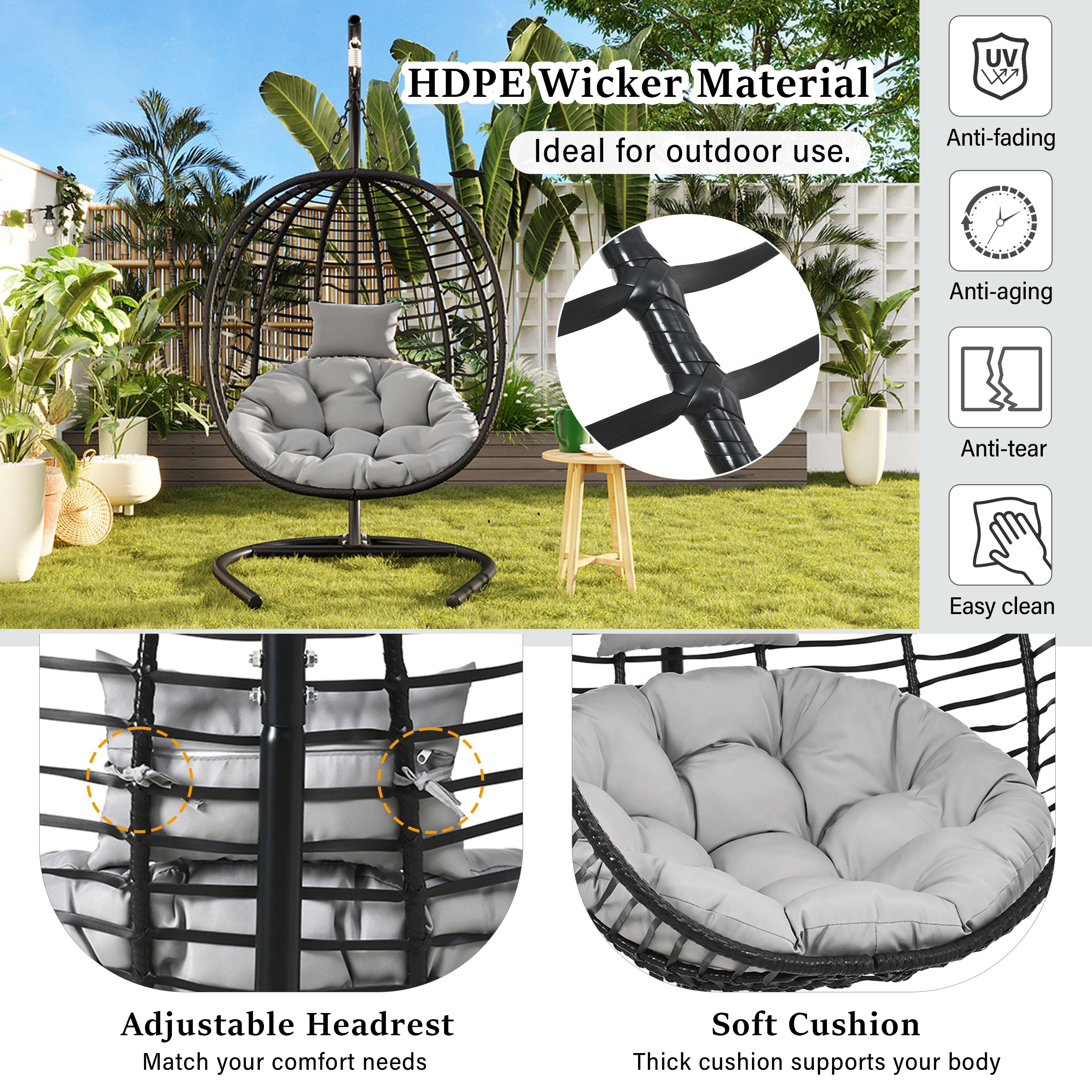 Folding Hanging Swinging Egg Chair with Stand & Tufted Cushion