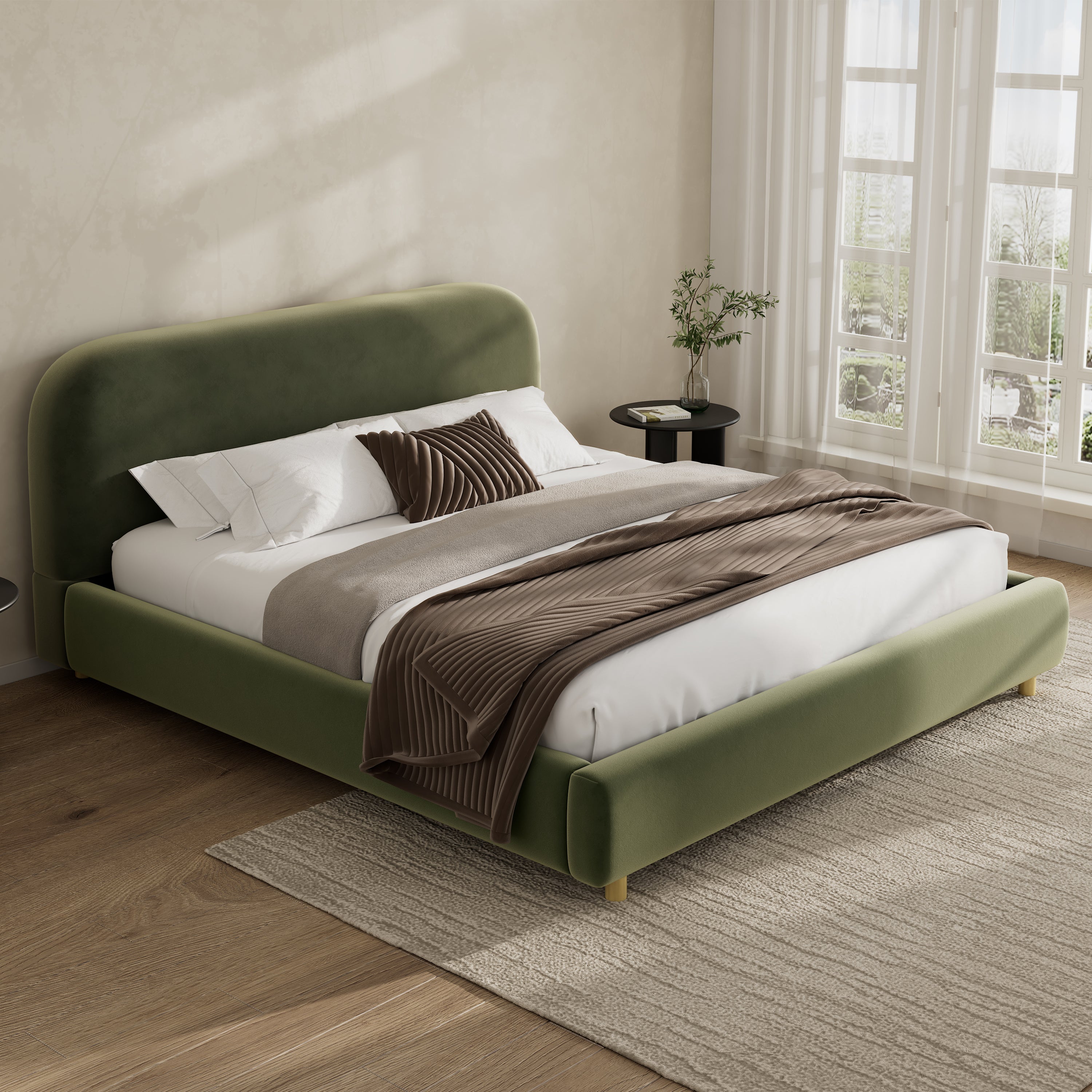 Olive Green Velvet Upholstered Platform Bed with Curve-Shaped Design Headboard