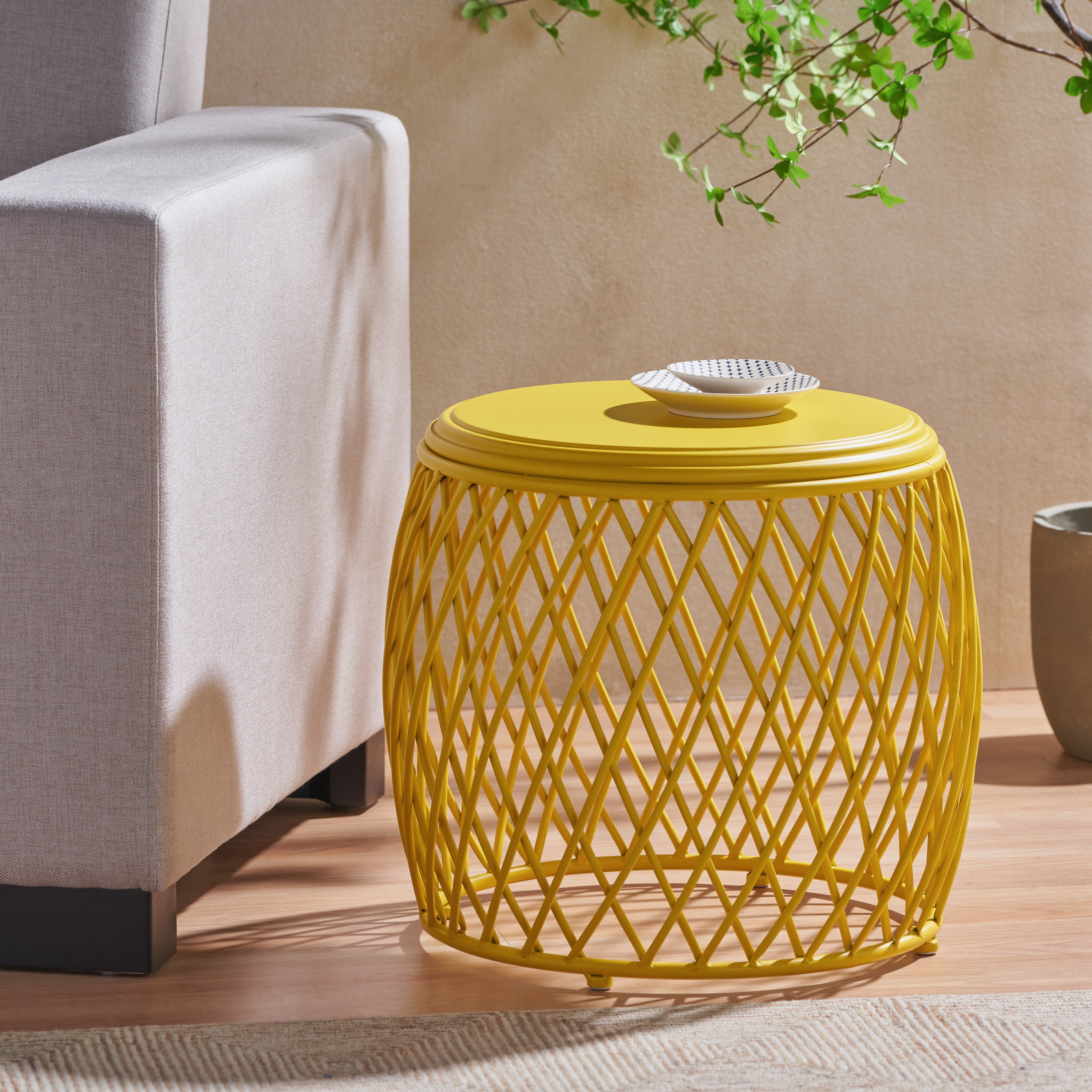 Coveted 19.75" Outdoor Cylindrical Iron Side Table with Lattice Design