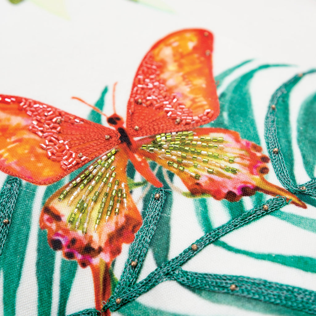 Digital Print And Embroidery Cotton Botanical With Butterflies Pillow Cover