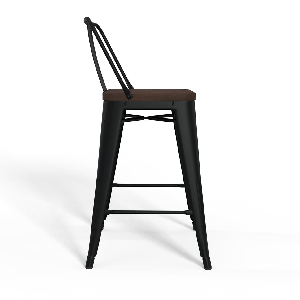 Boundless Metal/Wood Counter Stool with Curved Back, Cross Brace and Footrest, Set of 2