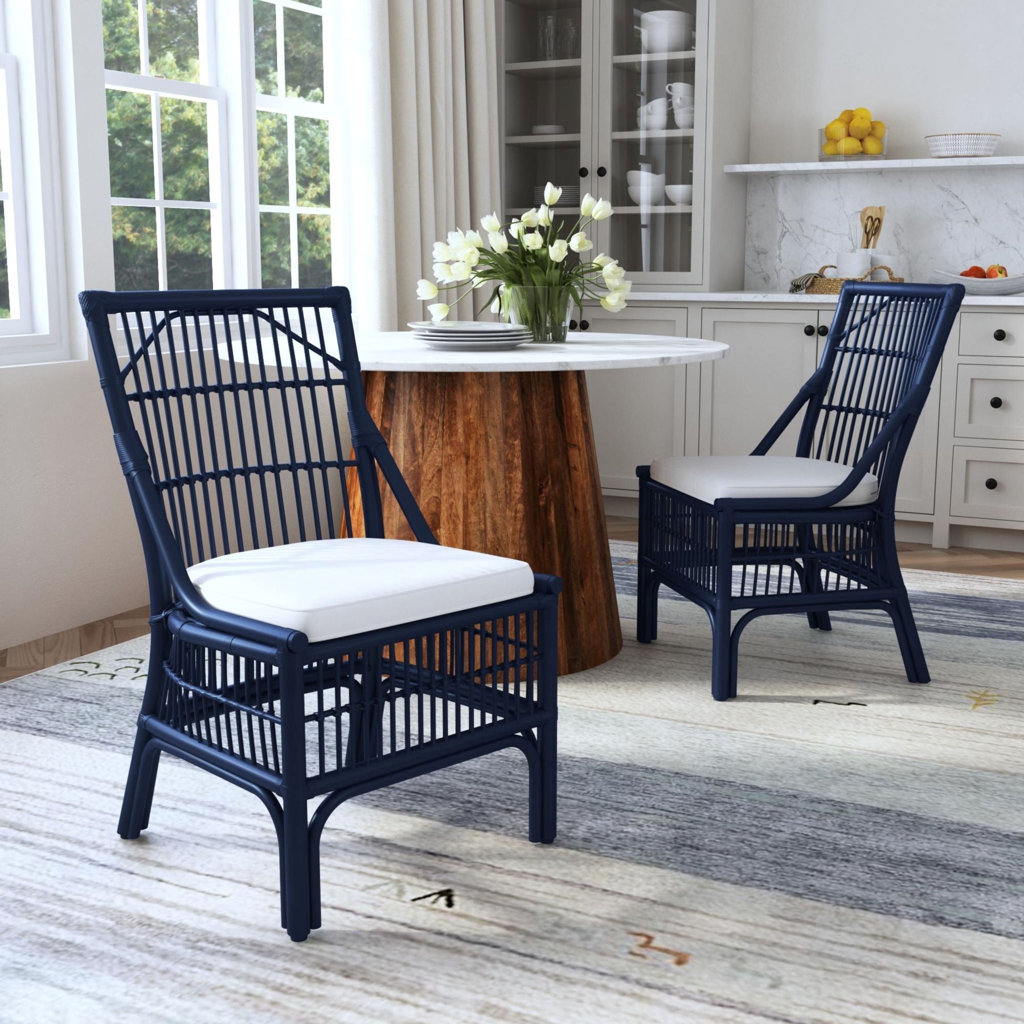 Rattan Slat Back Navy Dining Chair, Set of 2