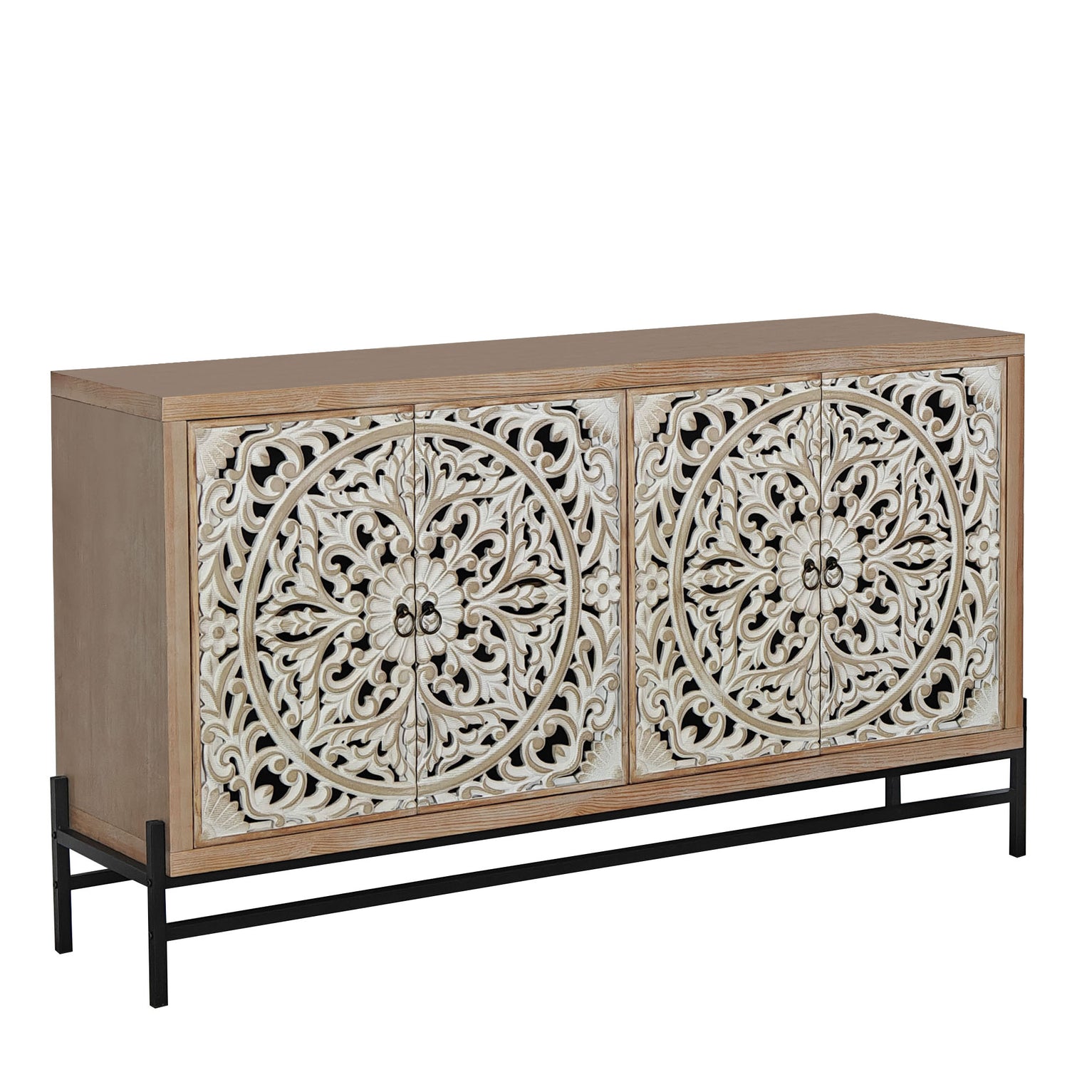 4 Door Wood Cabinet, Vintage Carved Wood 4-Door Cabinet with Metal Base Elegant Storage Sideboard for Living Room, Bathroom,Entryway and Kitchen