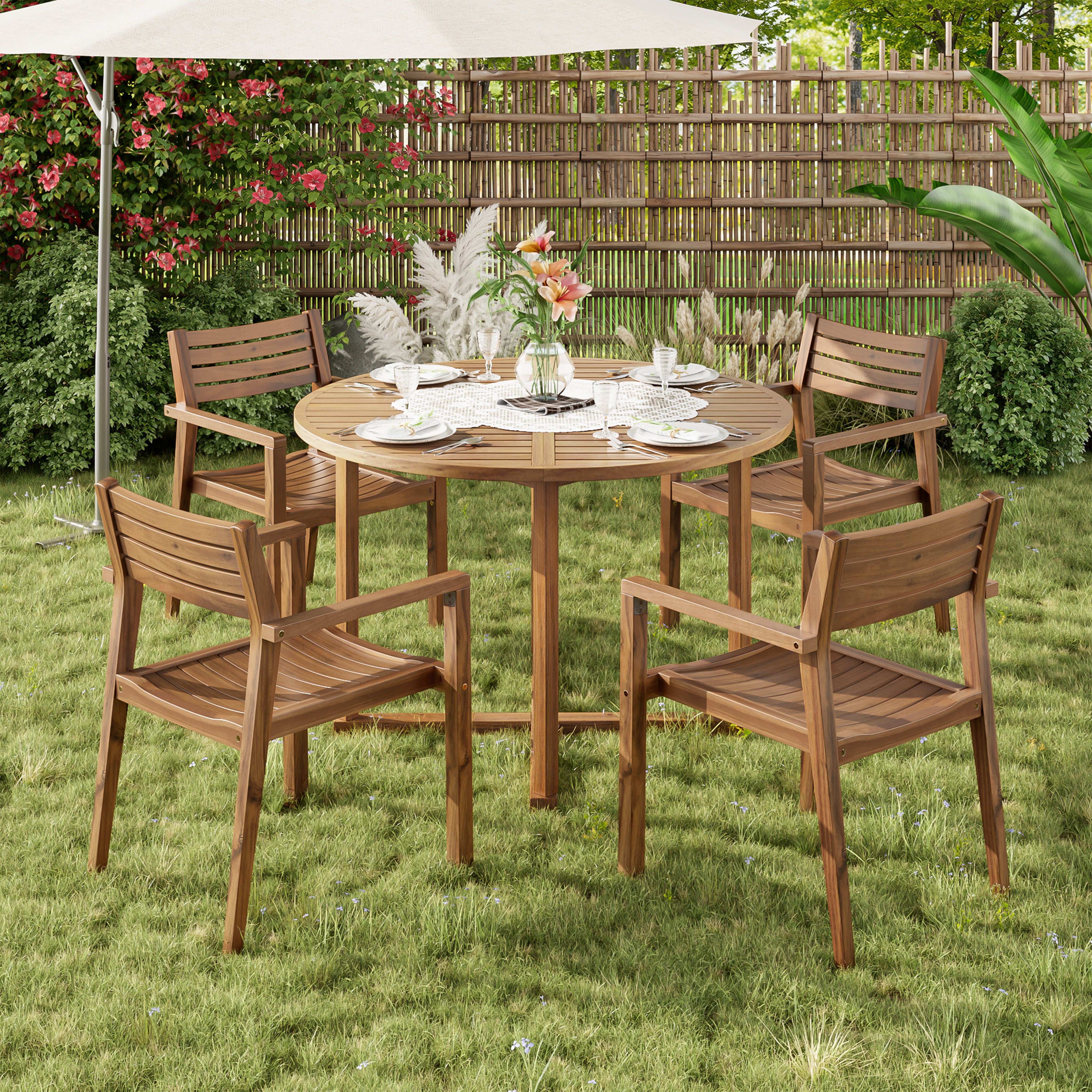 5-Piece Outdoor Dining Set with 4 Acacia Wood Chairs, 47.2" Round Dining Table with Slatted Design