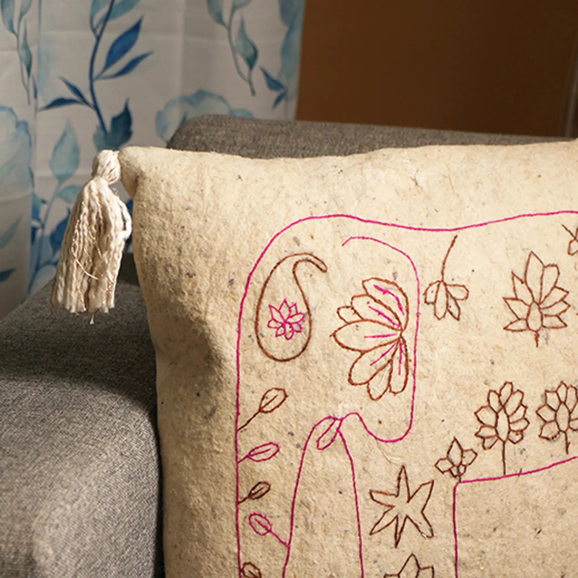 100% Wool Elephant Embroidered Pillow