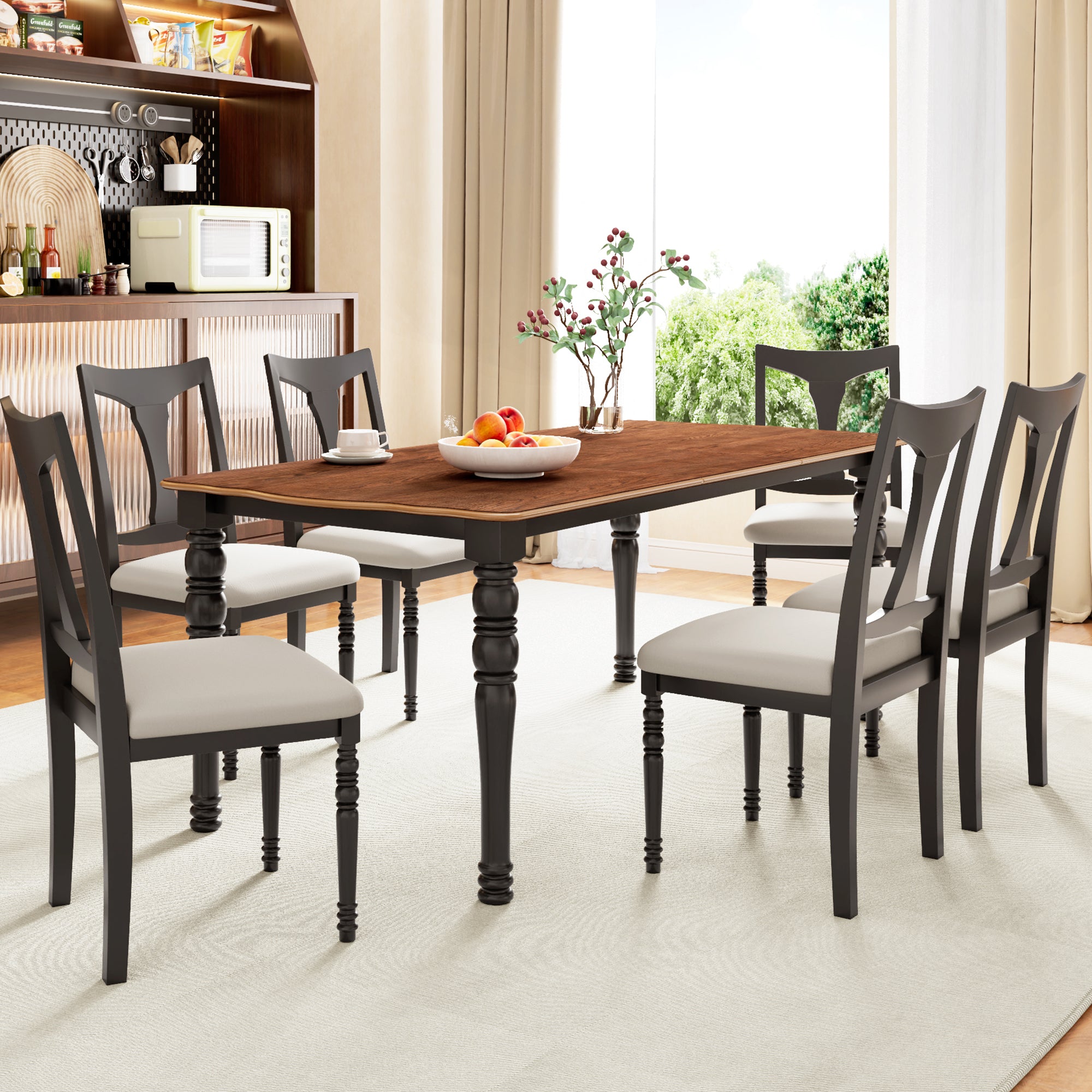 Rustic Farmhouse 7 Piece Dining Set with Turned Leg Extendable Dining Table