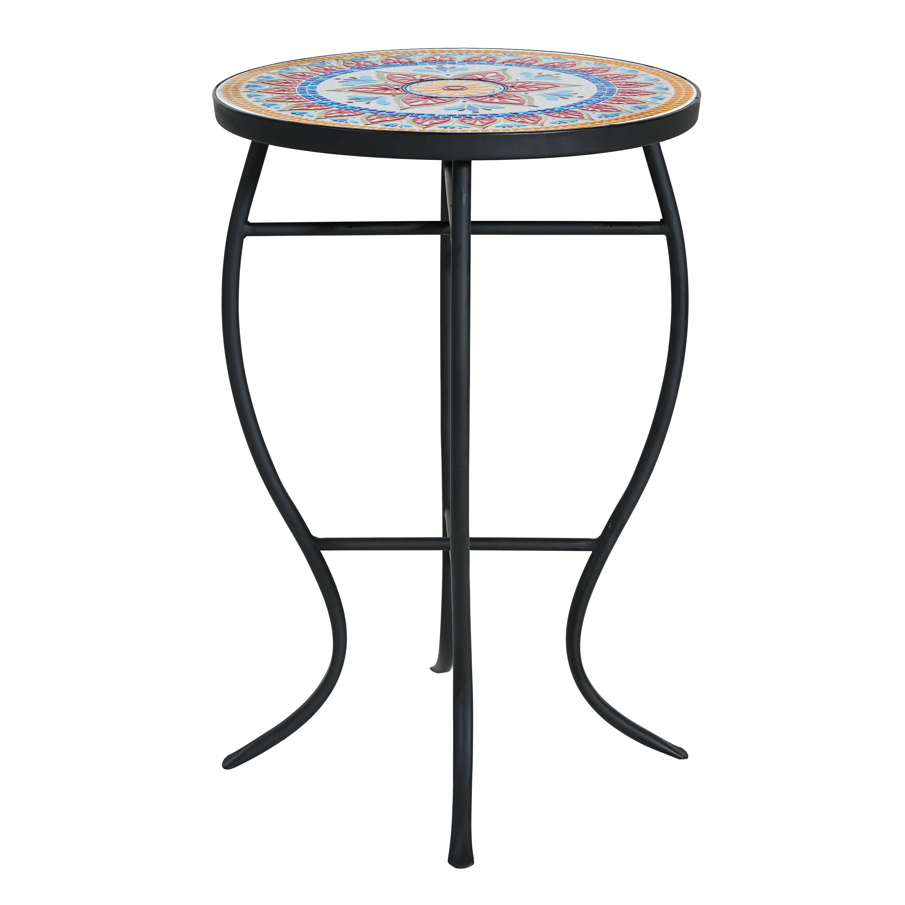 Outdoor Round Side Table with Mosaic-Style Top and Curved Iron Legs - Multi-color