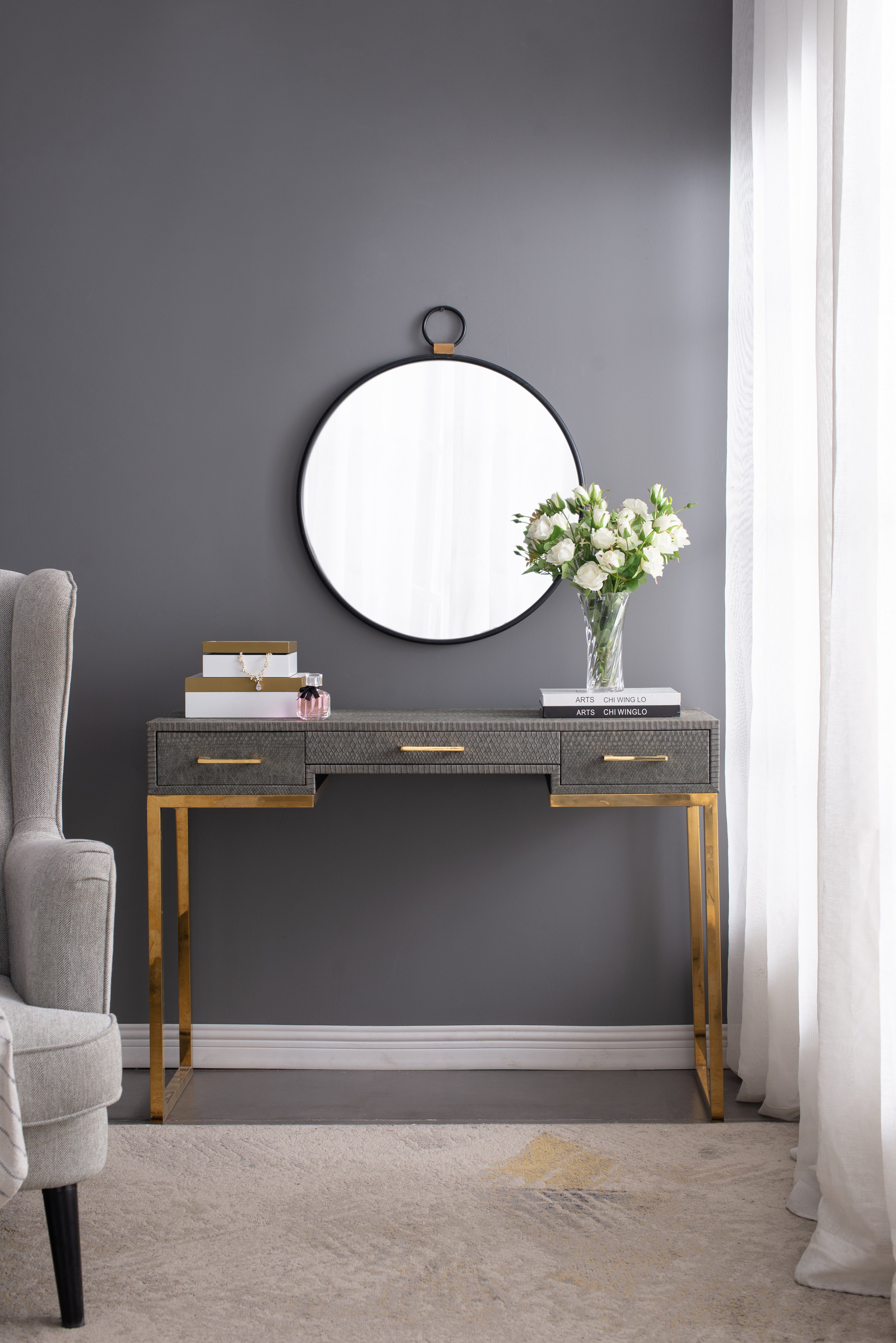 Round Wall Mirror with Stopwatch-Shaped Design