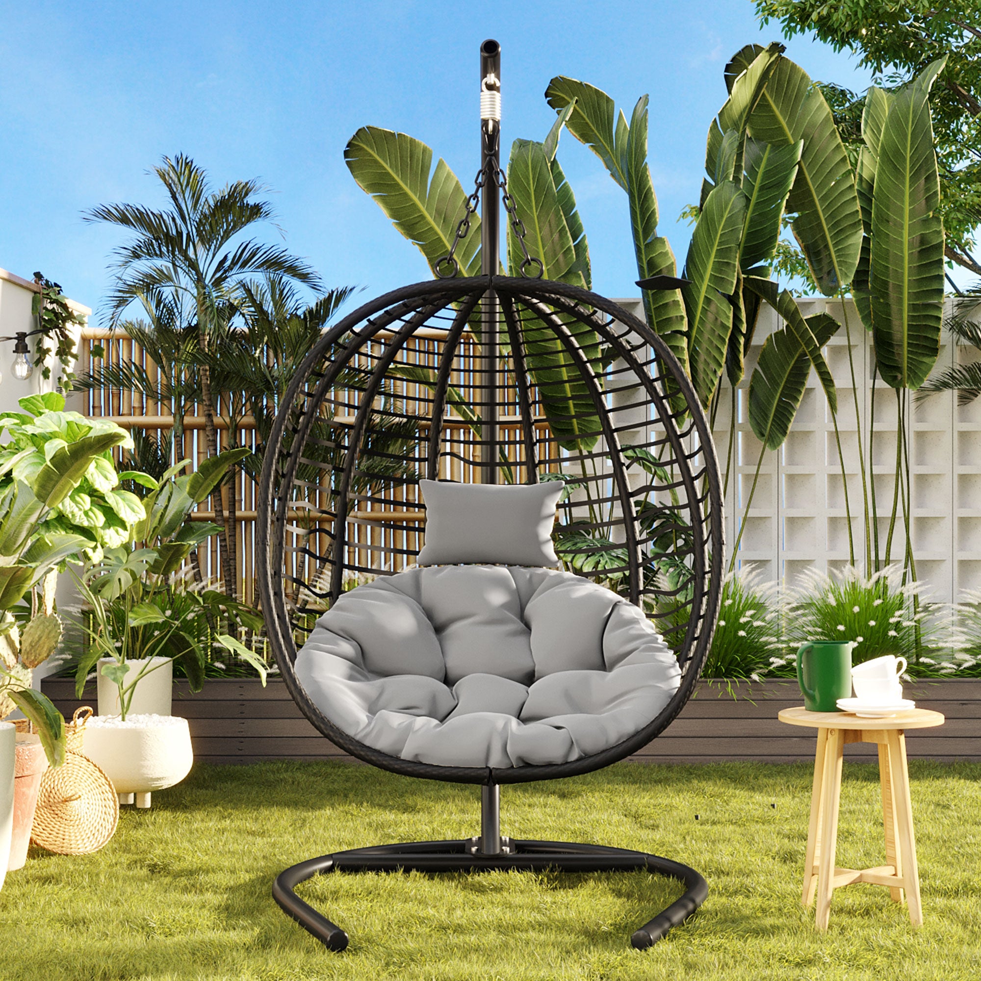 Folding Hanging Swinging Egg Chair with Stand & Tufted Cushion
