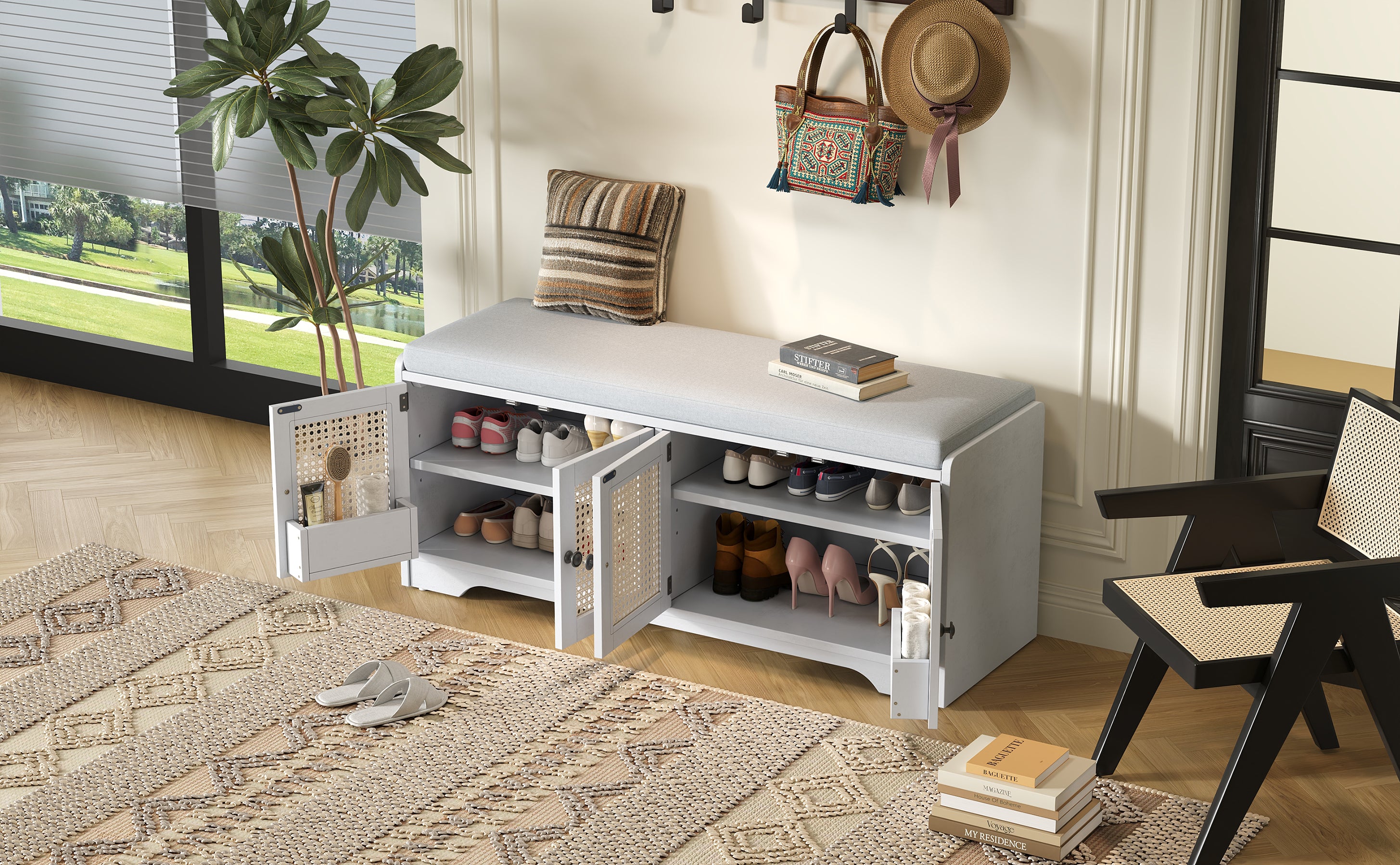 Storage Bench with Rattan Doors