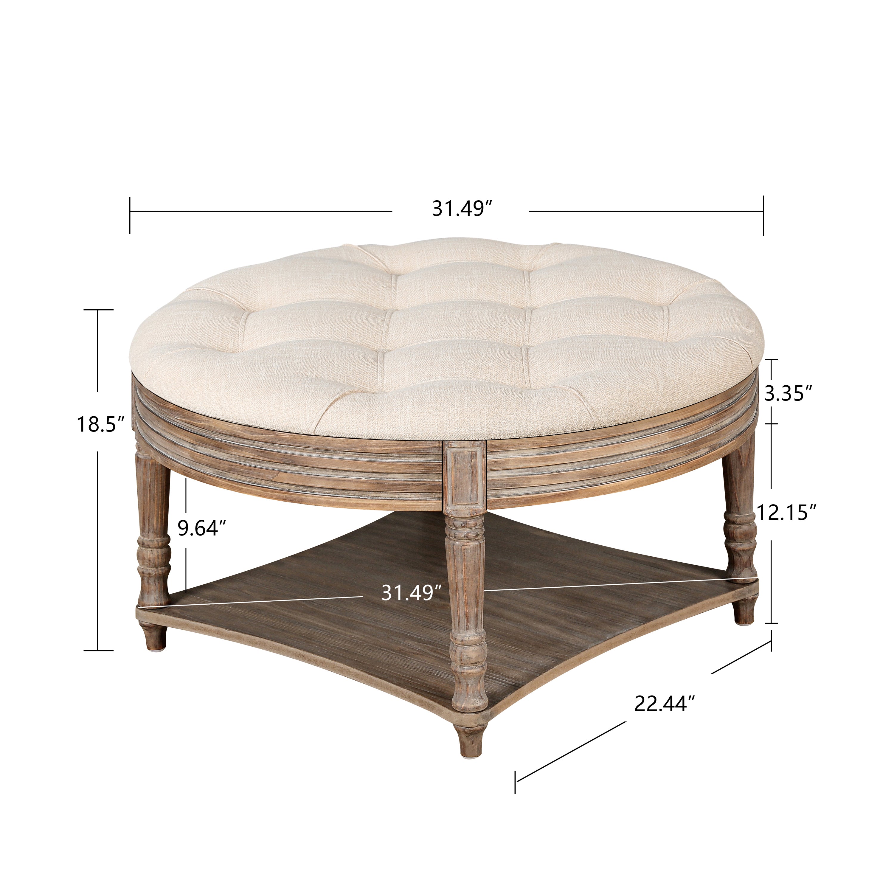 Captains Large Round Upholstered Ottoman with Bottom Shelf