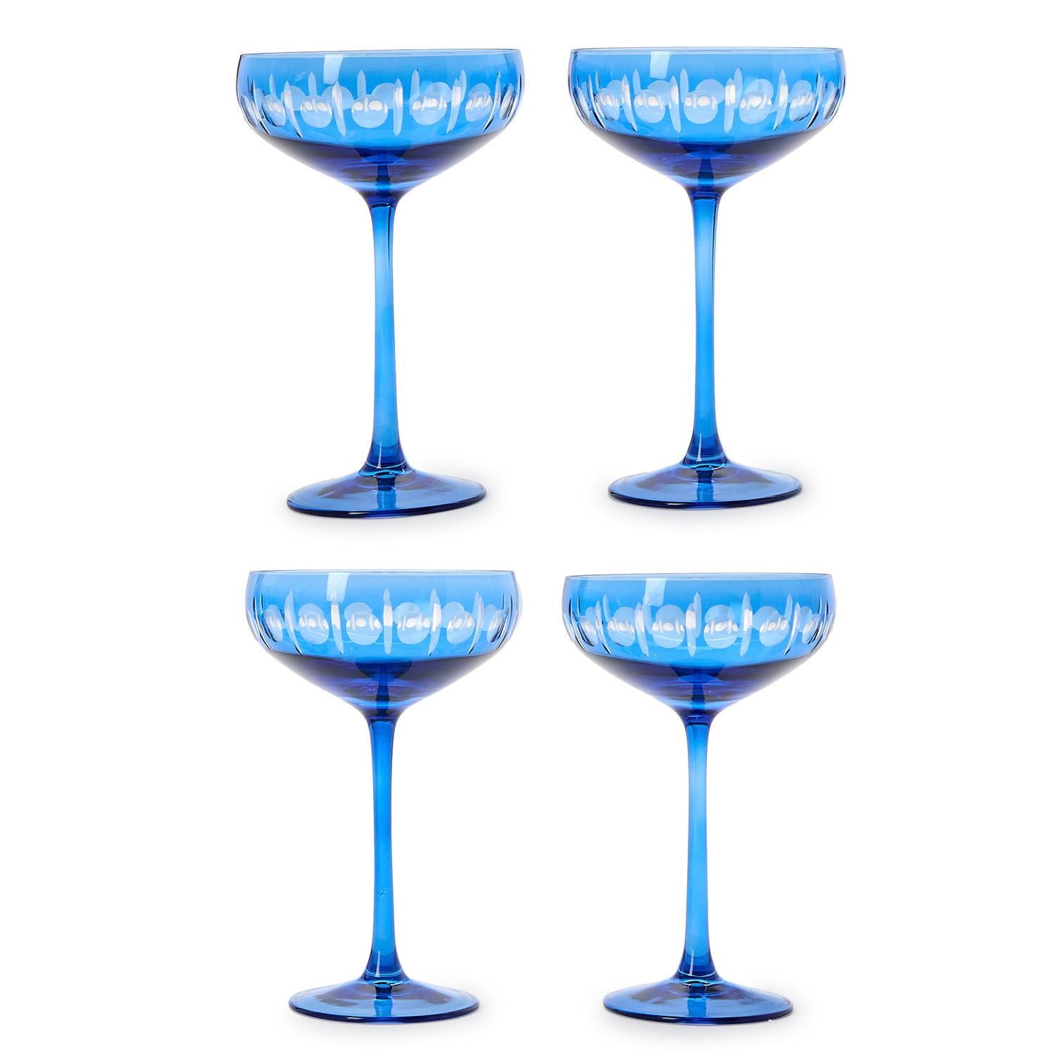 Sparkling Cut Blue Hand Engraved Coupe Wine Glasses, Set of 4