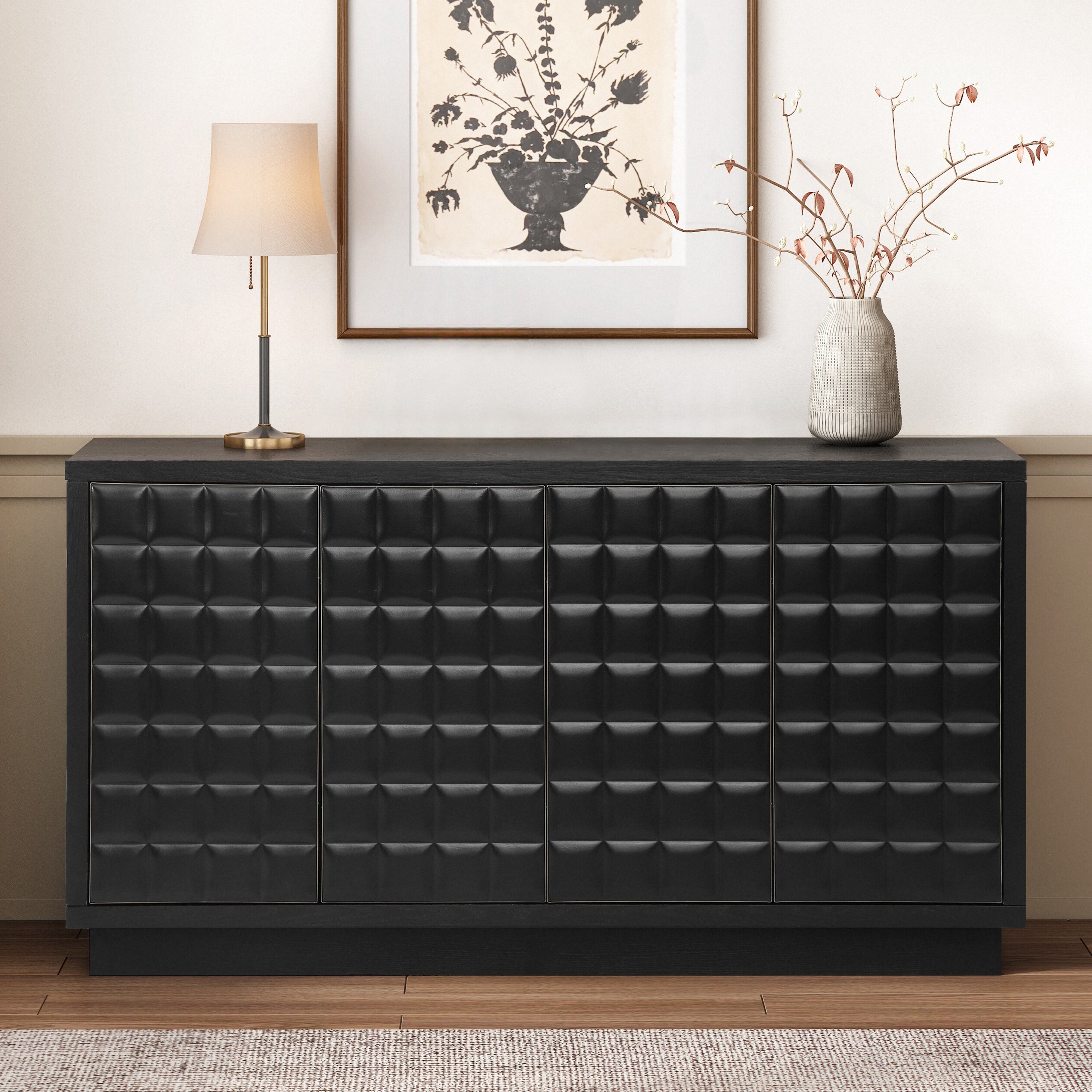 Modern 4-Door Storage Cabinet with 3D Geometric Doors & Metal Trim