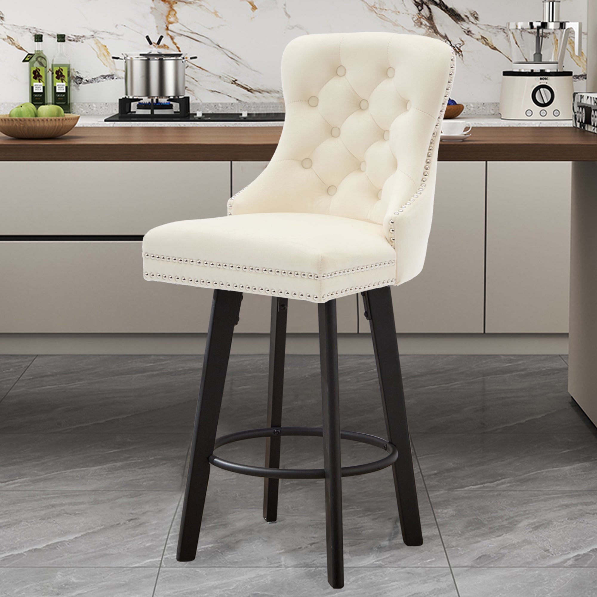 Modern Velvet Button Tufted Swivel Bar Stool with Metal Pull Ring