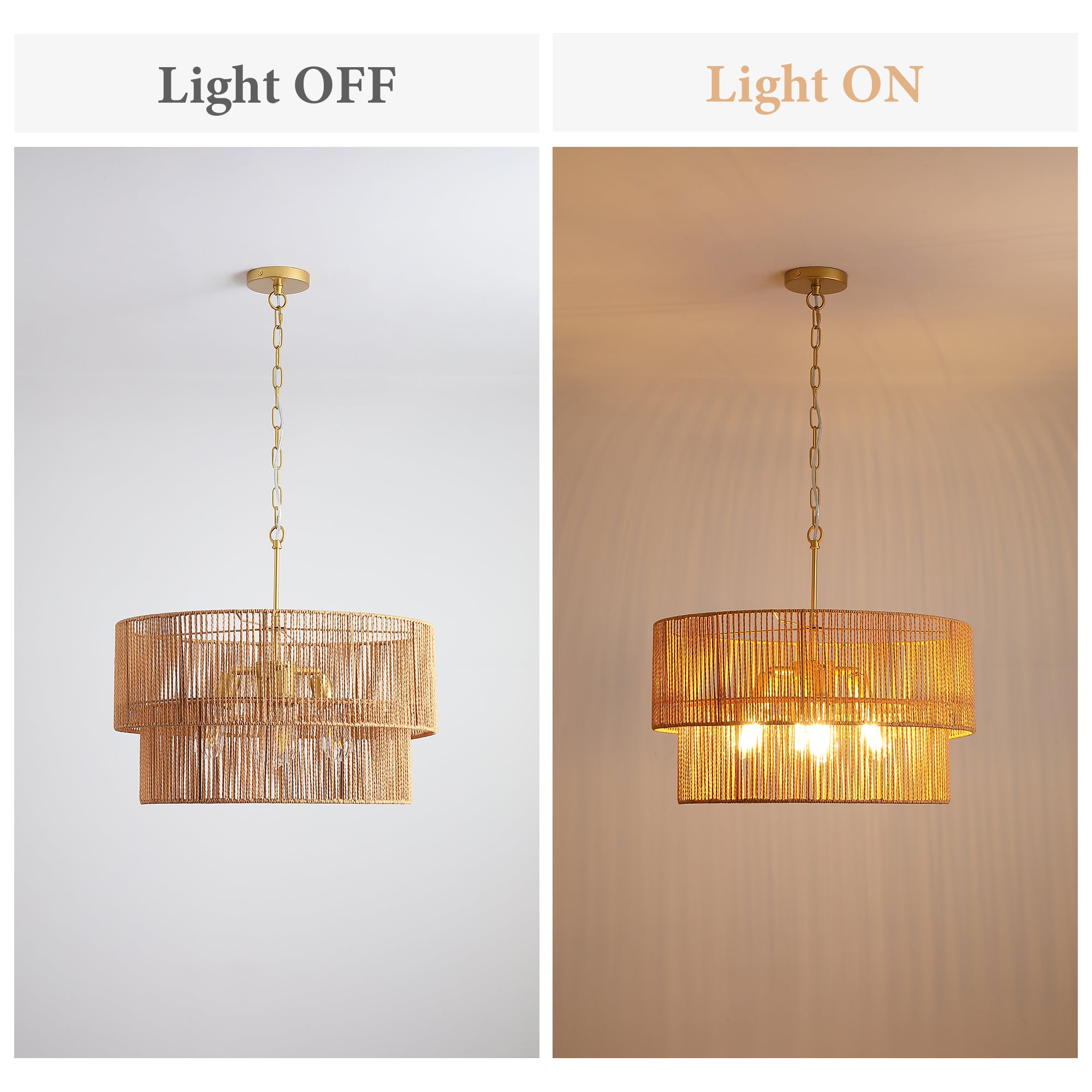 Handwoven Rattan Chandelier, 2-Tier Boho Wabi-Sabi Pendant Light