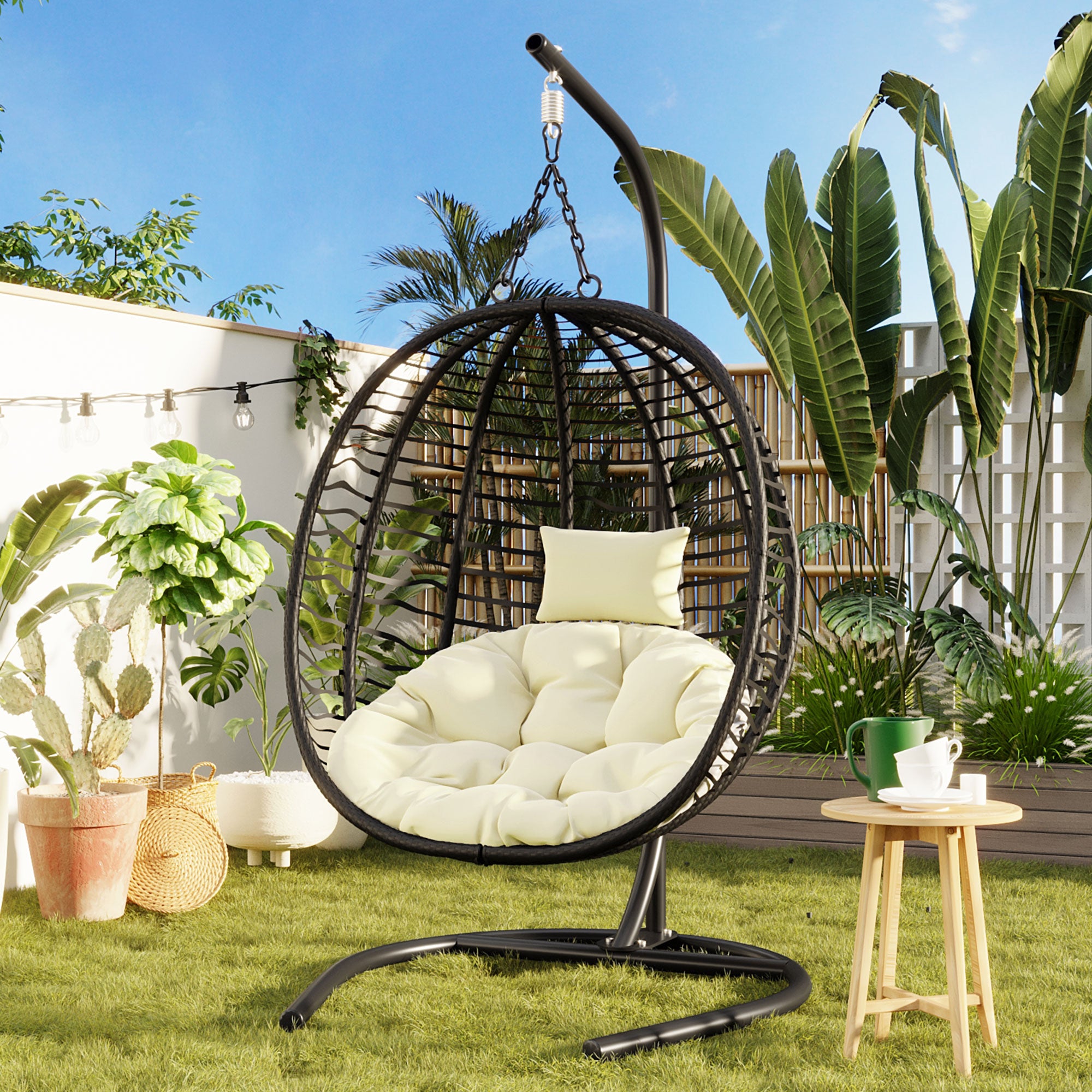 Folding Hanging Swinging Egg Chair with Stand & Tufted Cushion