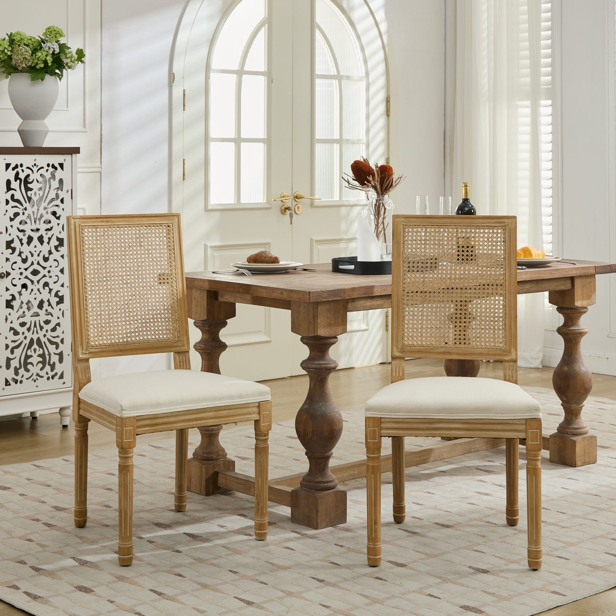 Louis French Country Dining Chairs with Square Rattan Backrest, Set of 2