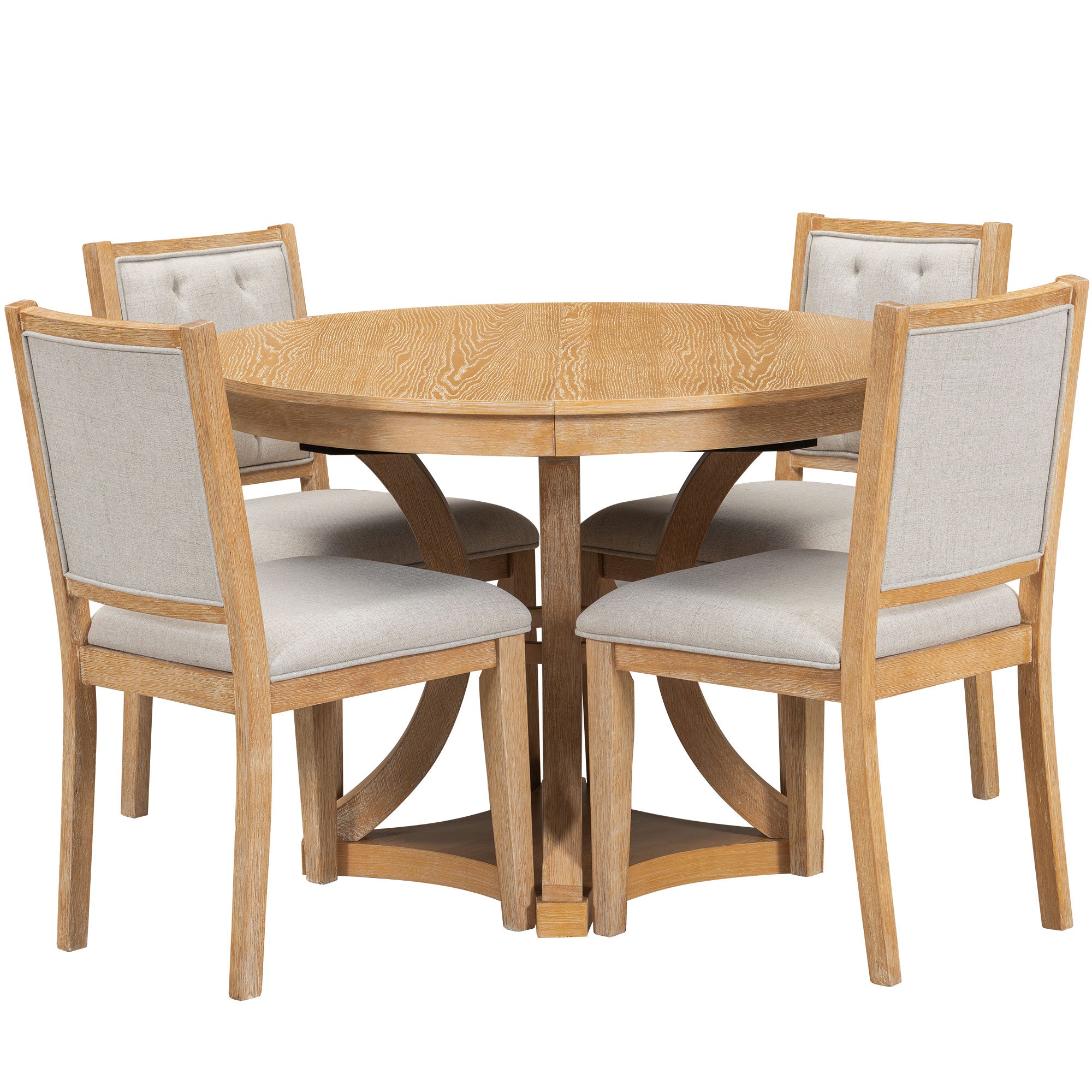 Retro Round Dining Table Set with Extendable Round Table and 4 Upholstered Chairs