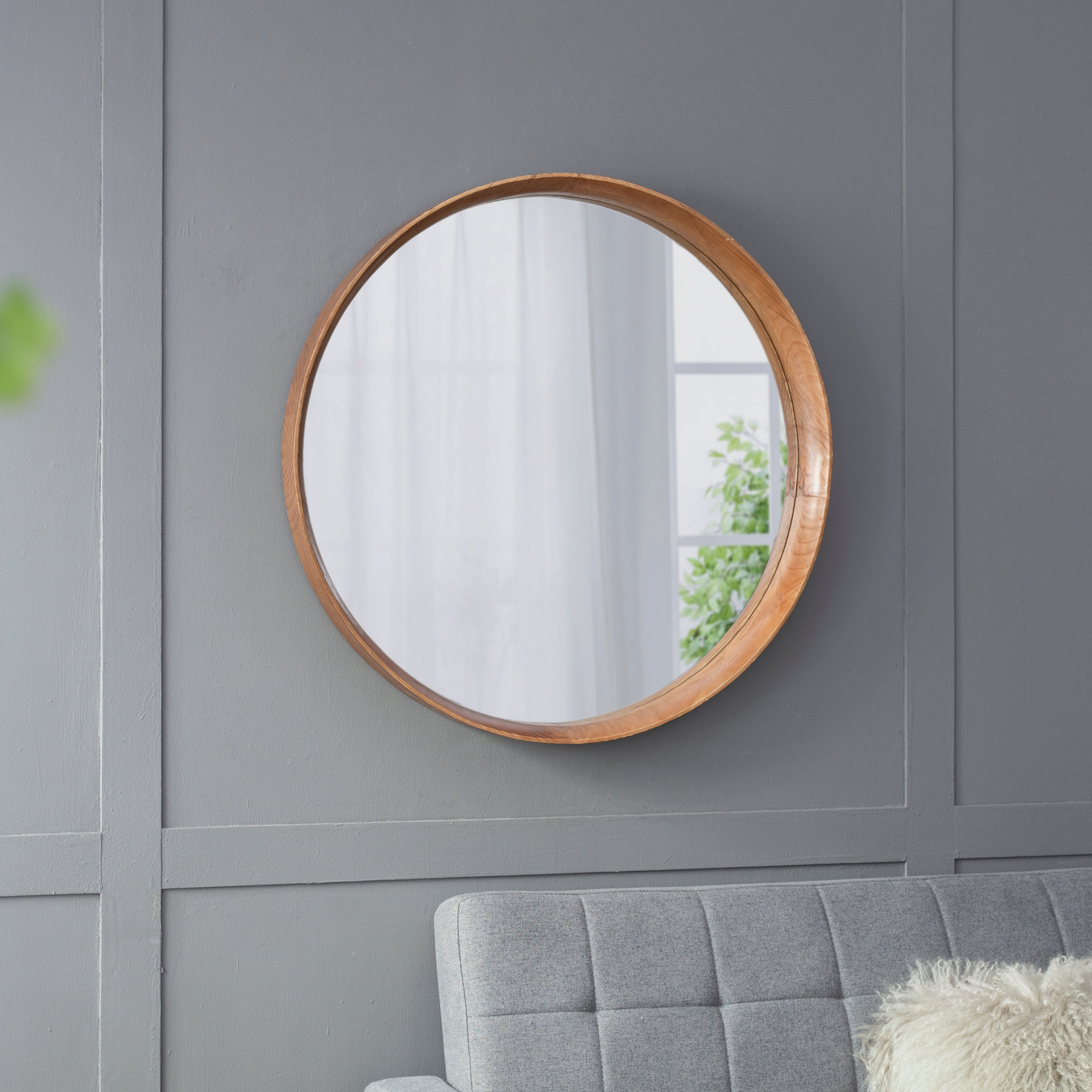 Wall Mounted Mirror with Round Shape and Wooden Frame