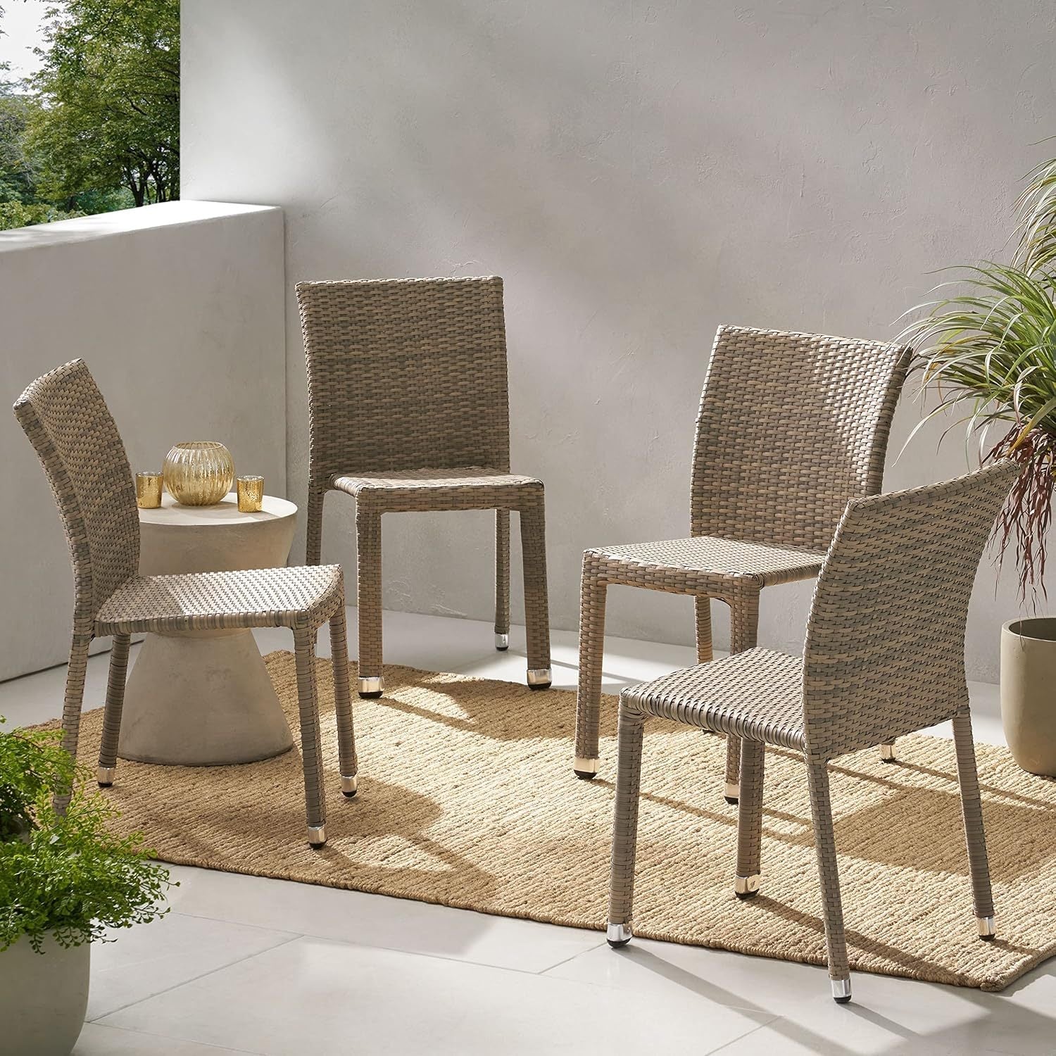 Larache Outdoor Aluminum Armless Rattan Dining Chairs, Set of 4
