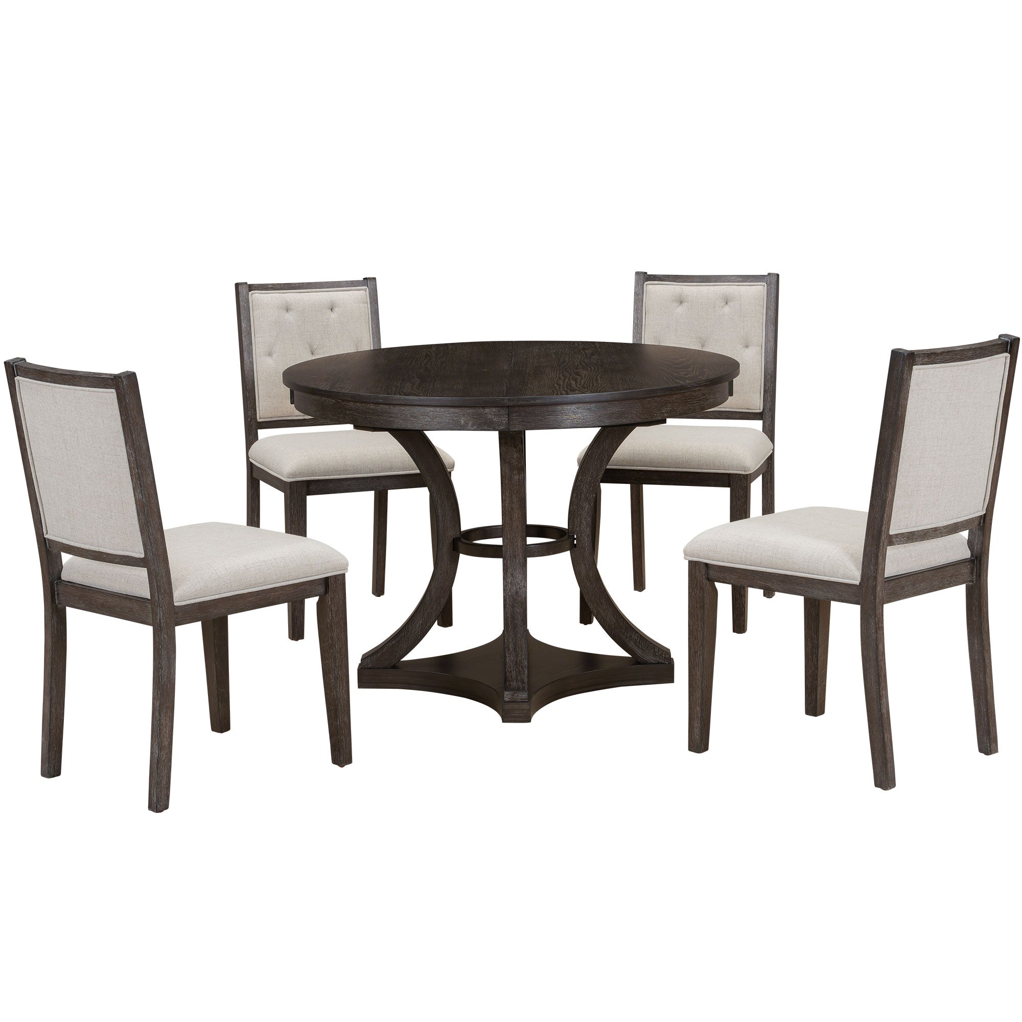 Retro Round Dining Table Set with Extendable Round Table and 4 Upholstered Chairs