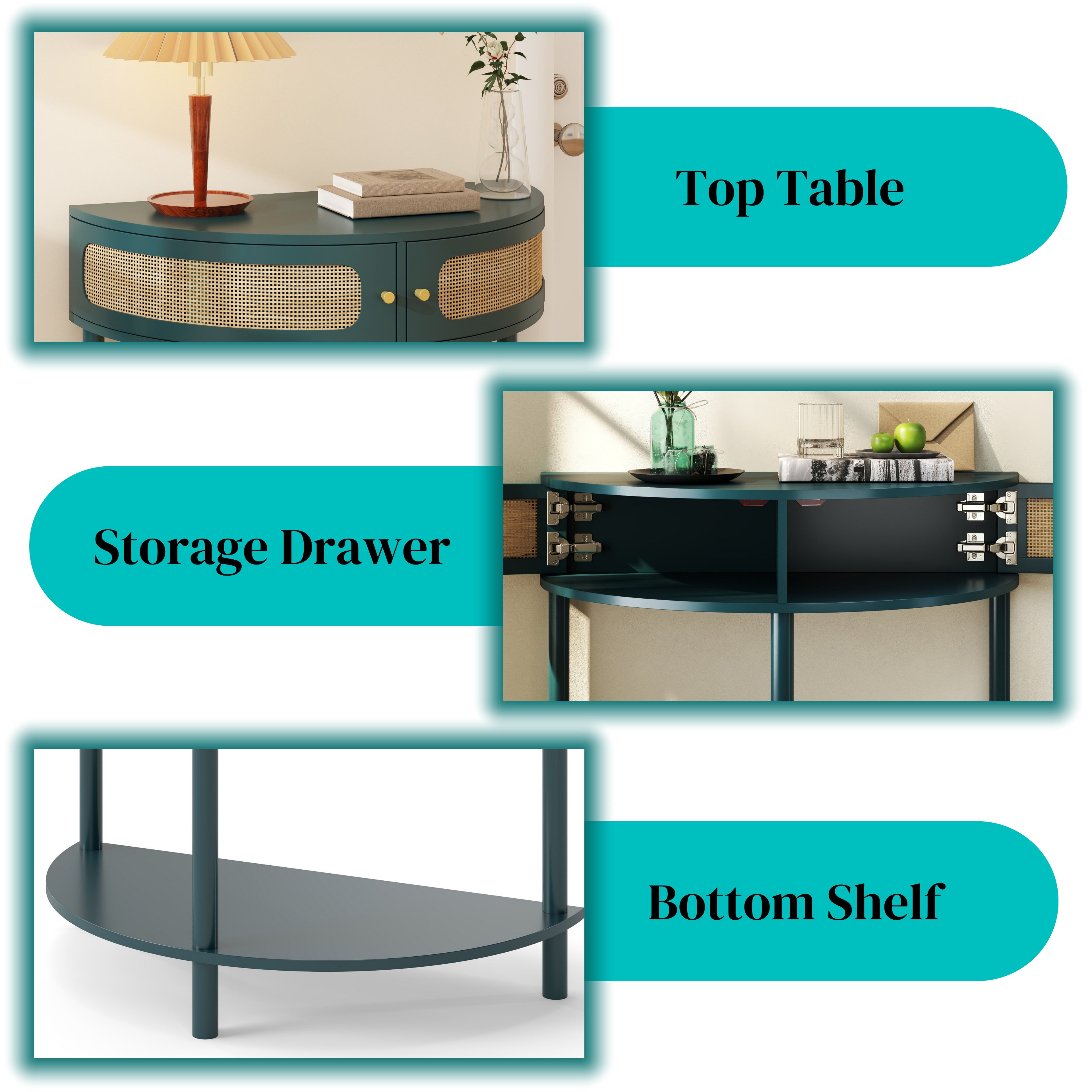 Boho Rattan Semi Circle End Table with Sliding Door