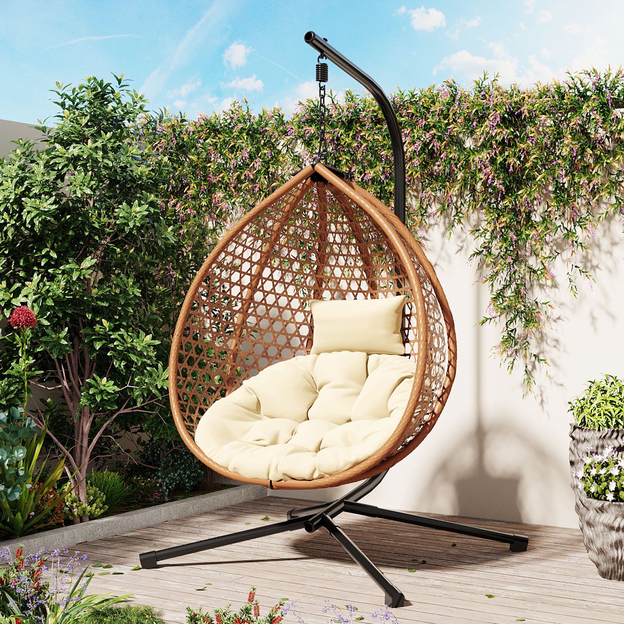 Hanging Swinging Egg Chair with Rattan Weaving, Base Included