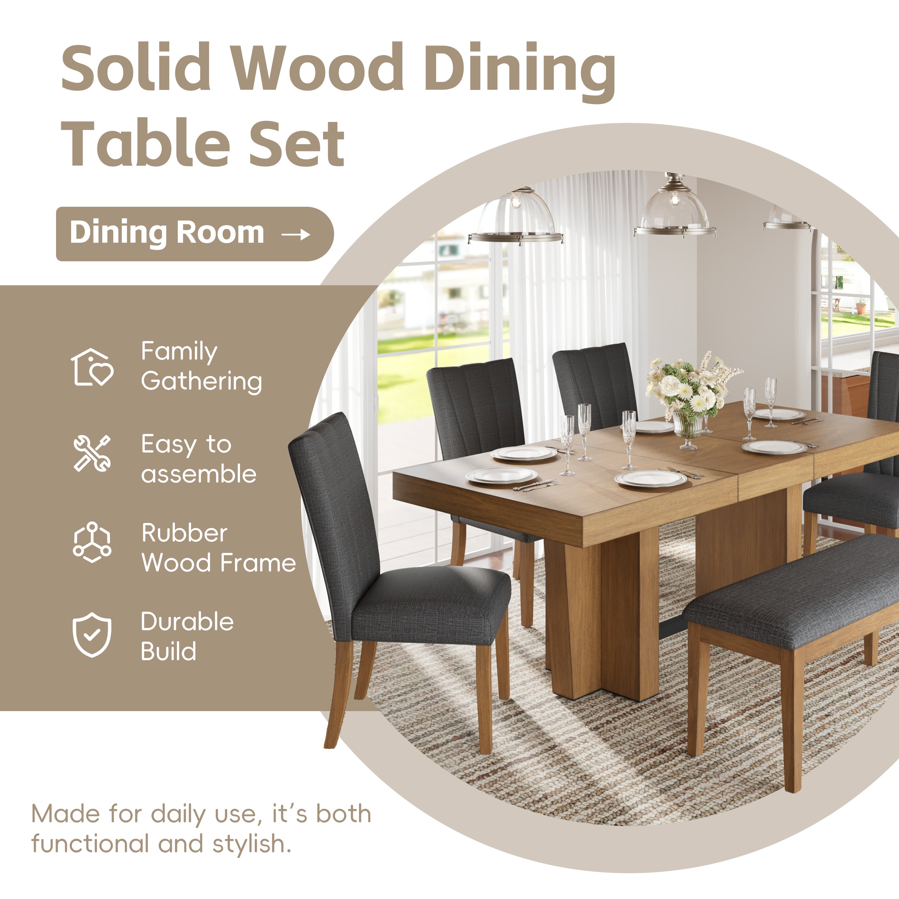 Meadowlark Farmhouse Extendable Wood Dining Table with 4 Upholstered Chairs & Bench