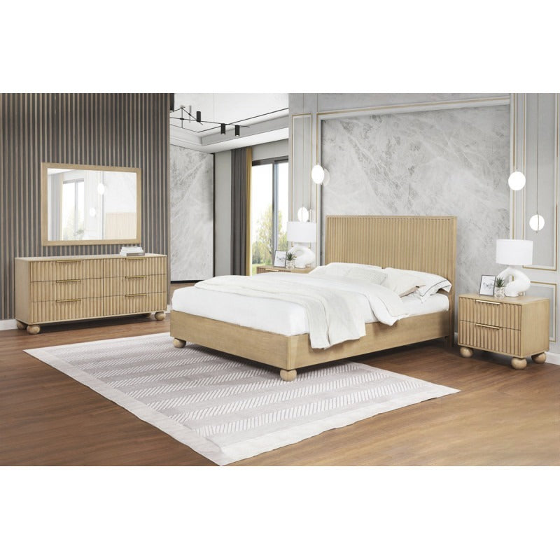 Fluted Modern Light Oak Wood 5pc Bedroom Furniture Set, Platform Bed, Dresser Mirror and 2x Nightstand