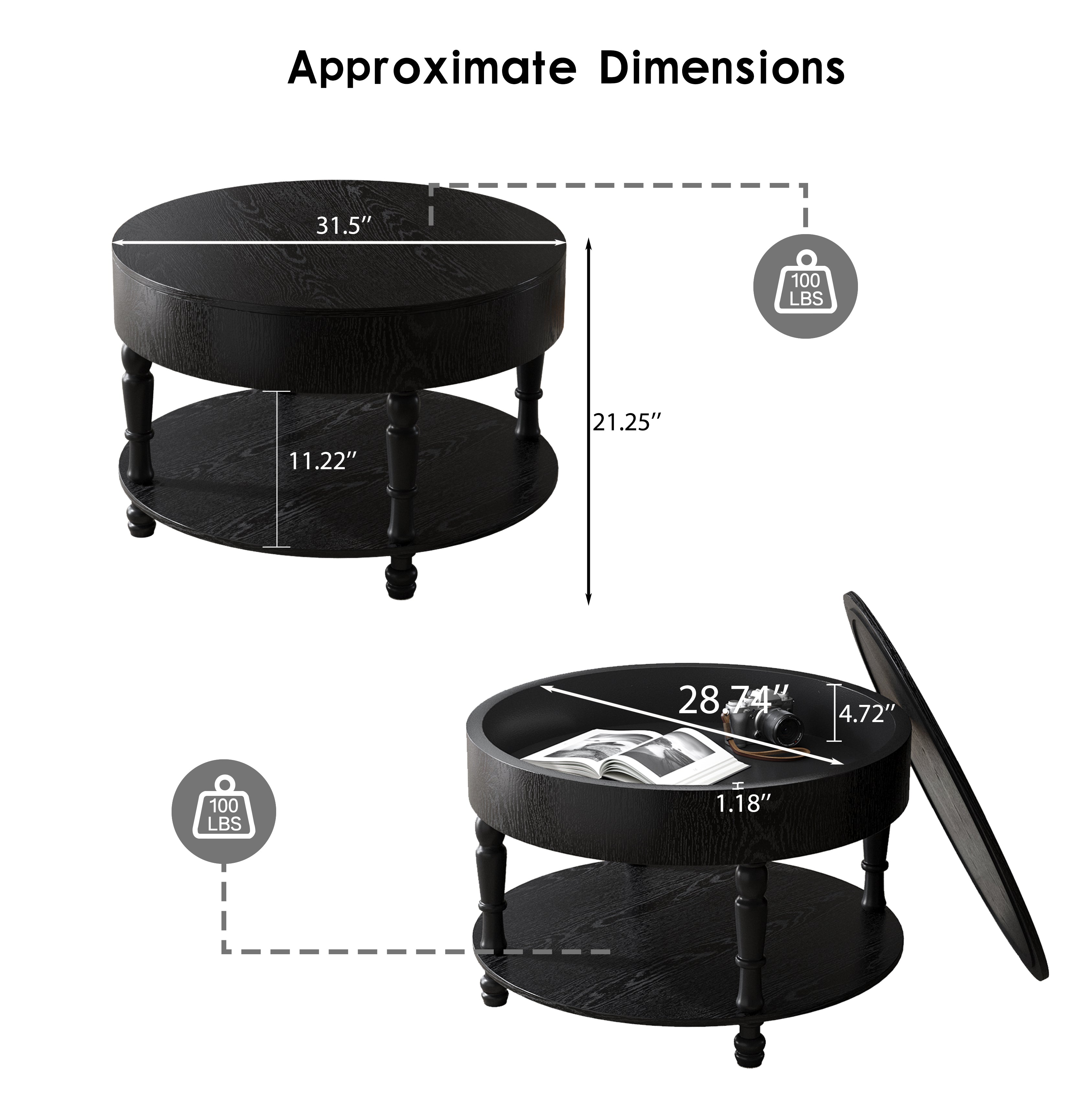 Traditional Round Coffee Table with Storage and Hidden Compartment