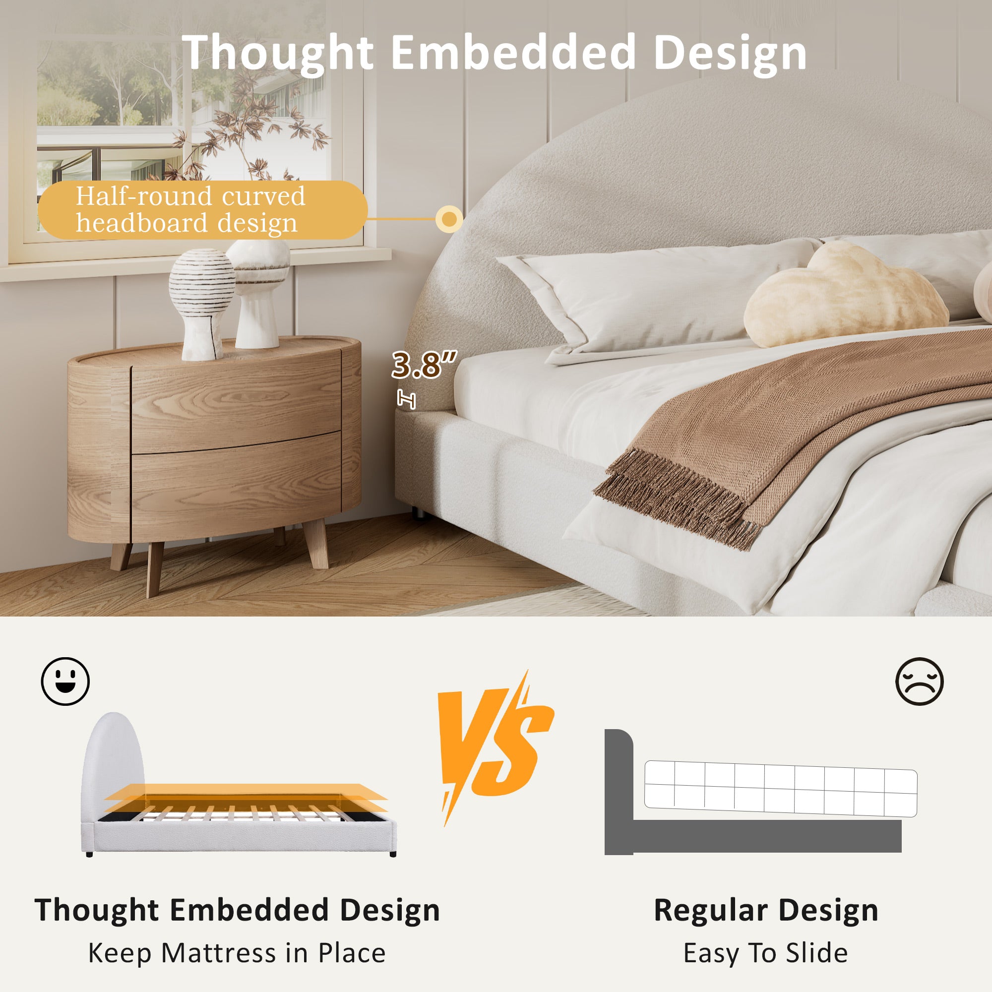 Bed Frame With Boucle Upholstered Round Curved Headboard