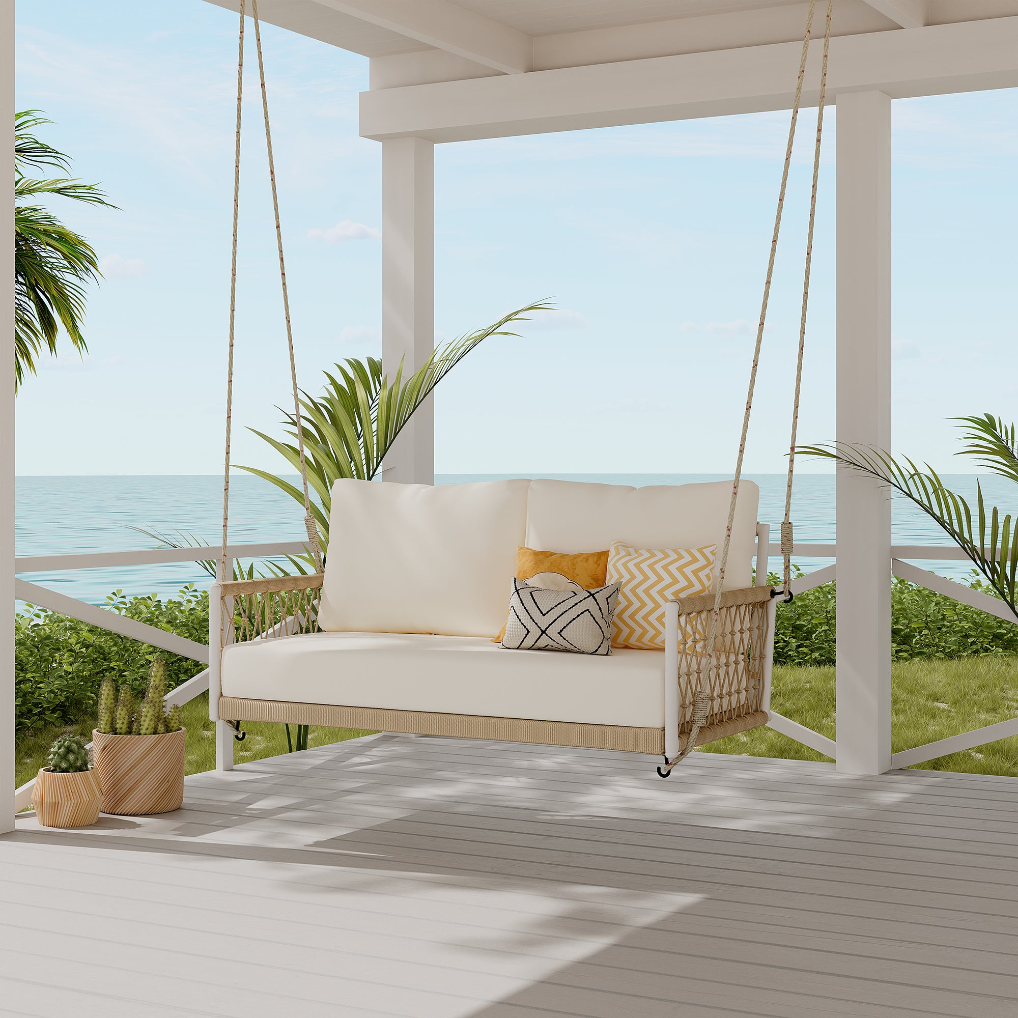 Outdoor Woven Rope Swing Sofa with Iron Frame and Soft Cushions