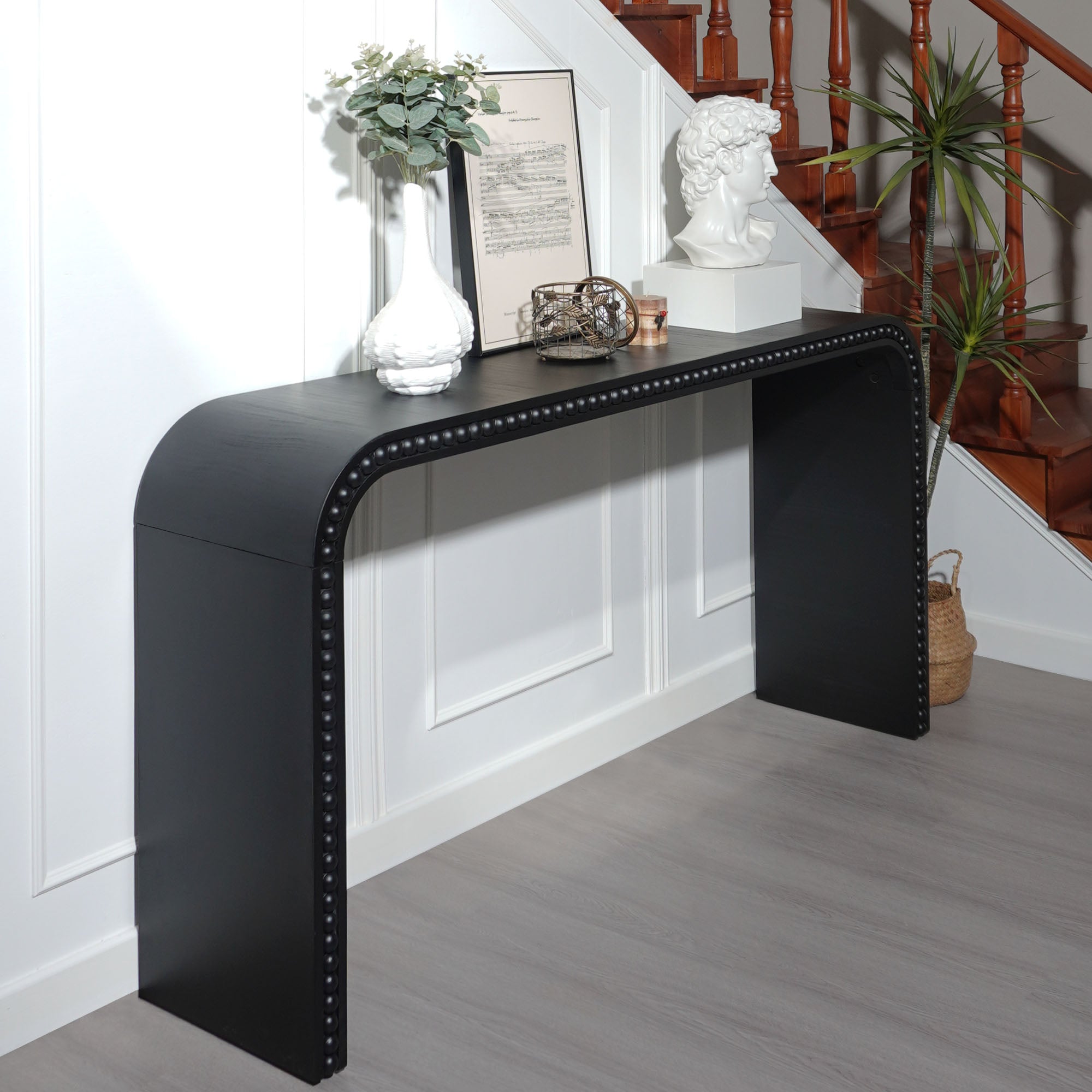 Curved Waterfall-Style Wood Beaded Console Table