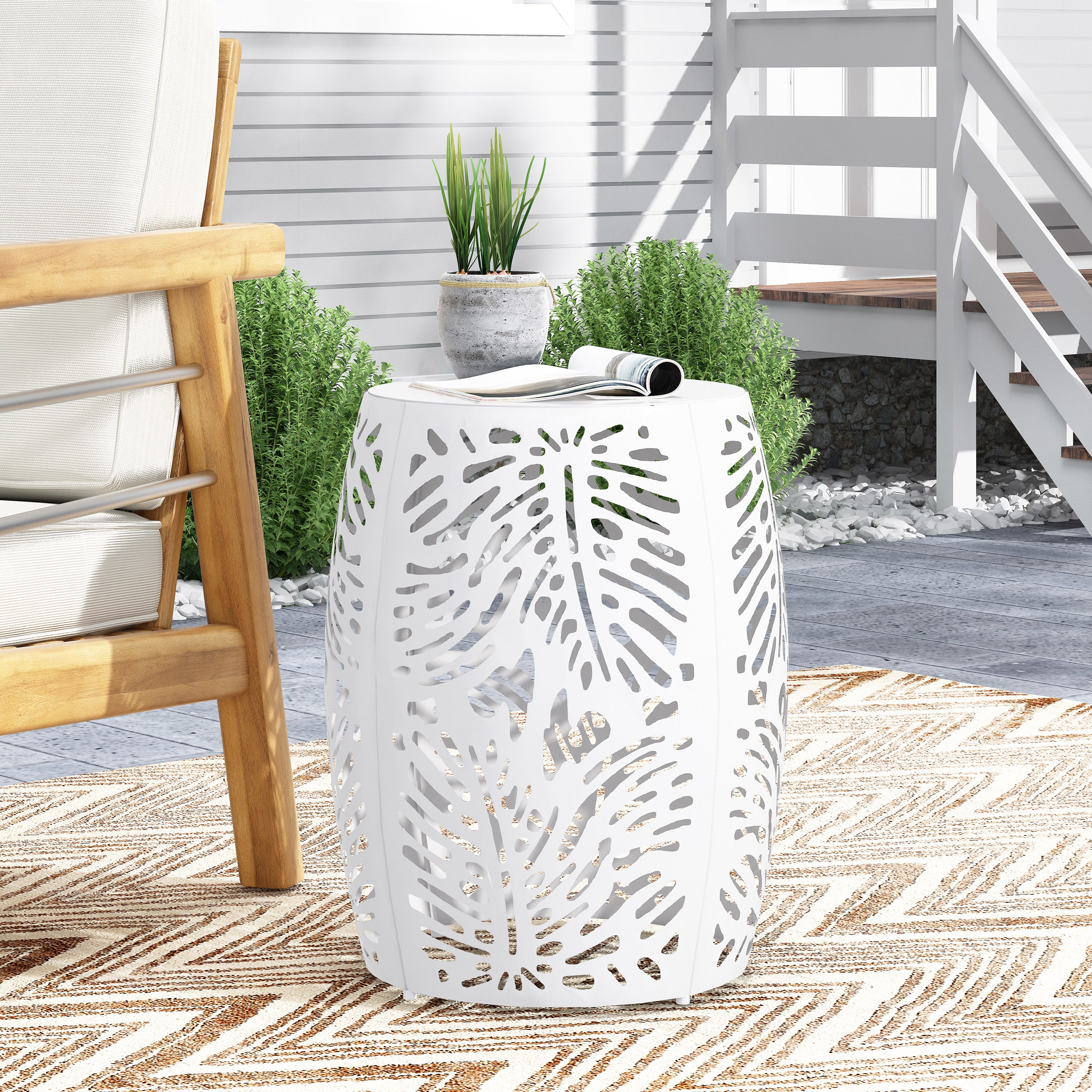 Rebirth Outdoor End Table with Tropical Palm Leaf Pattern and Iron Frame